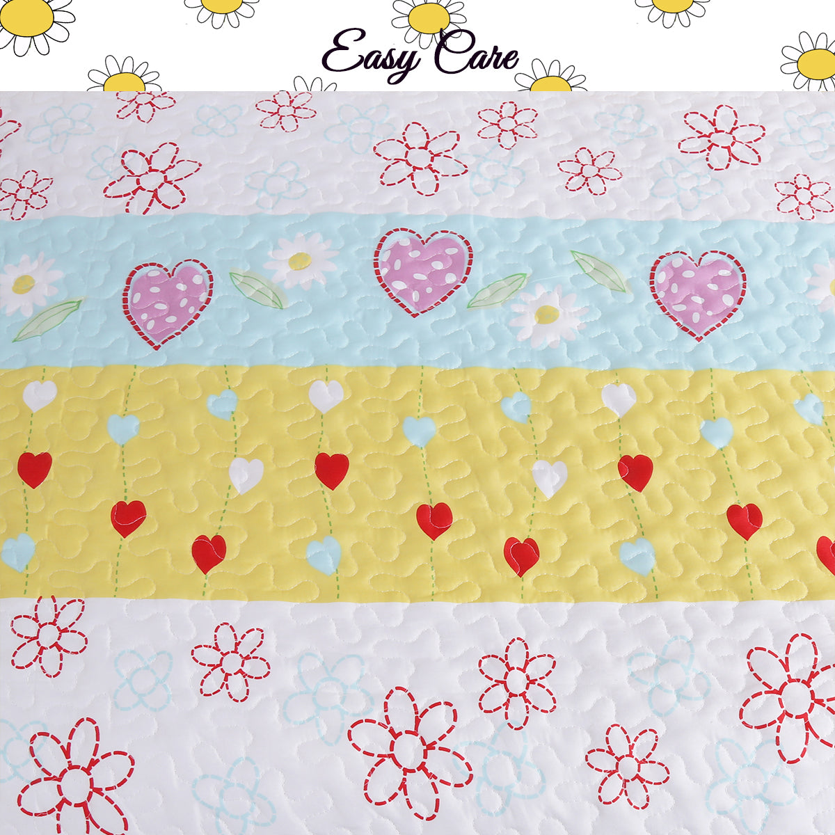 Flower Garden Heart Girl Print Reversible Quilt Bedding Set