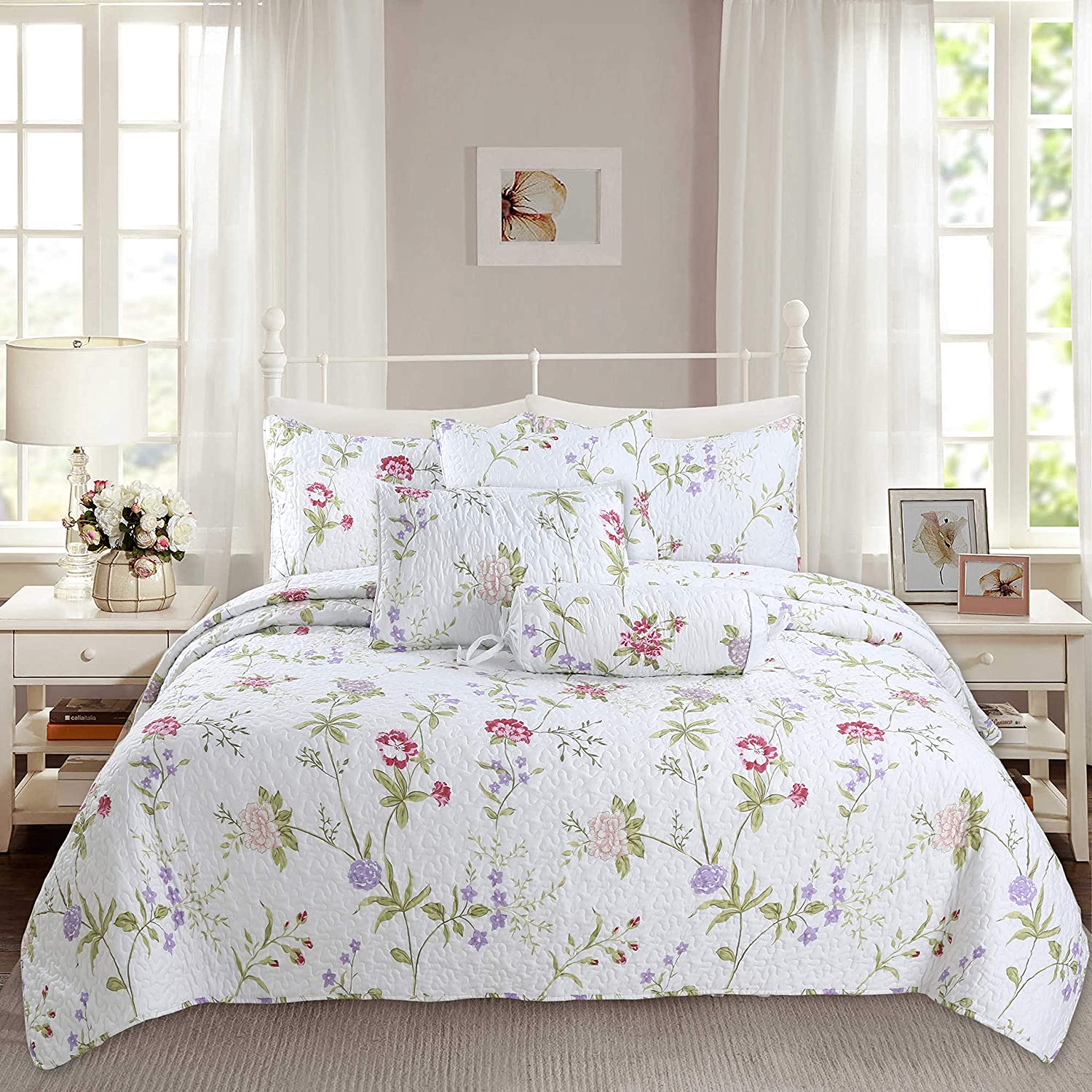 lavender flower bed sheets Cozy Line Home Fashions Pink Lavender Flower Quilt Bedding Set, Coverlet, Bedspread (Lucie Floral, Queen