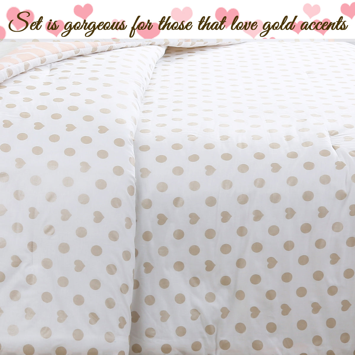 Peach Gold Heart Polka Dot Reversible Comforter Bedding Set