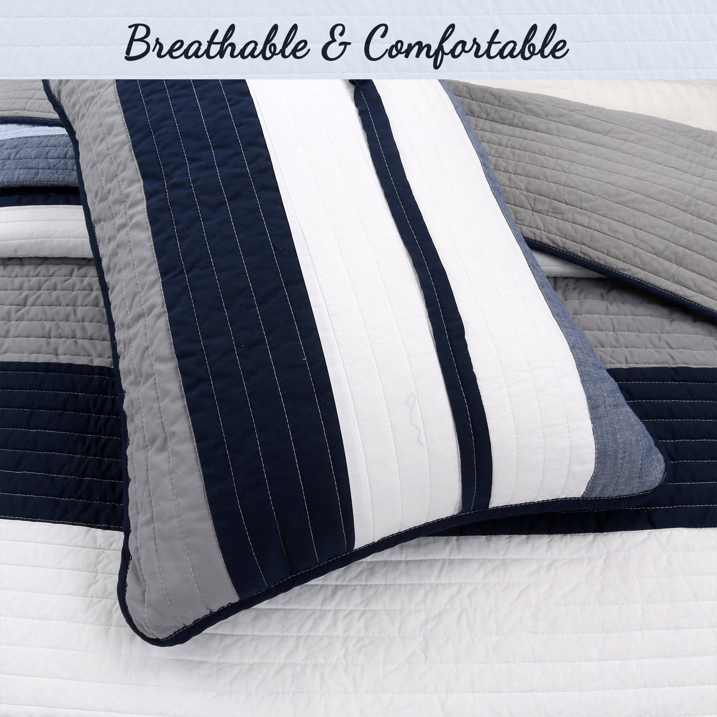 Tranquil Blue Gray Stripe Real Patchwork Cotton Reversible Quilt Bedding Set
