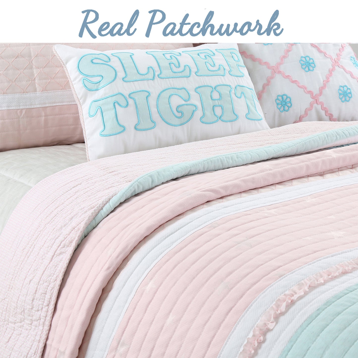 Candy Light Pink Blue Ruffle Floral Stripe Real Patchwork Girl Cotton Reversible Quilt Bedding Set