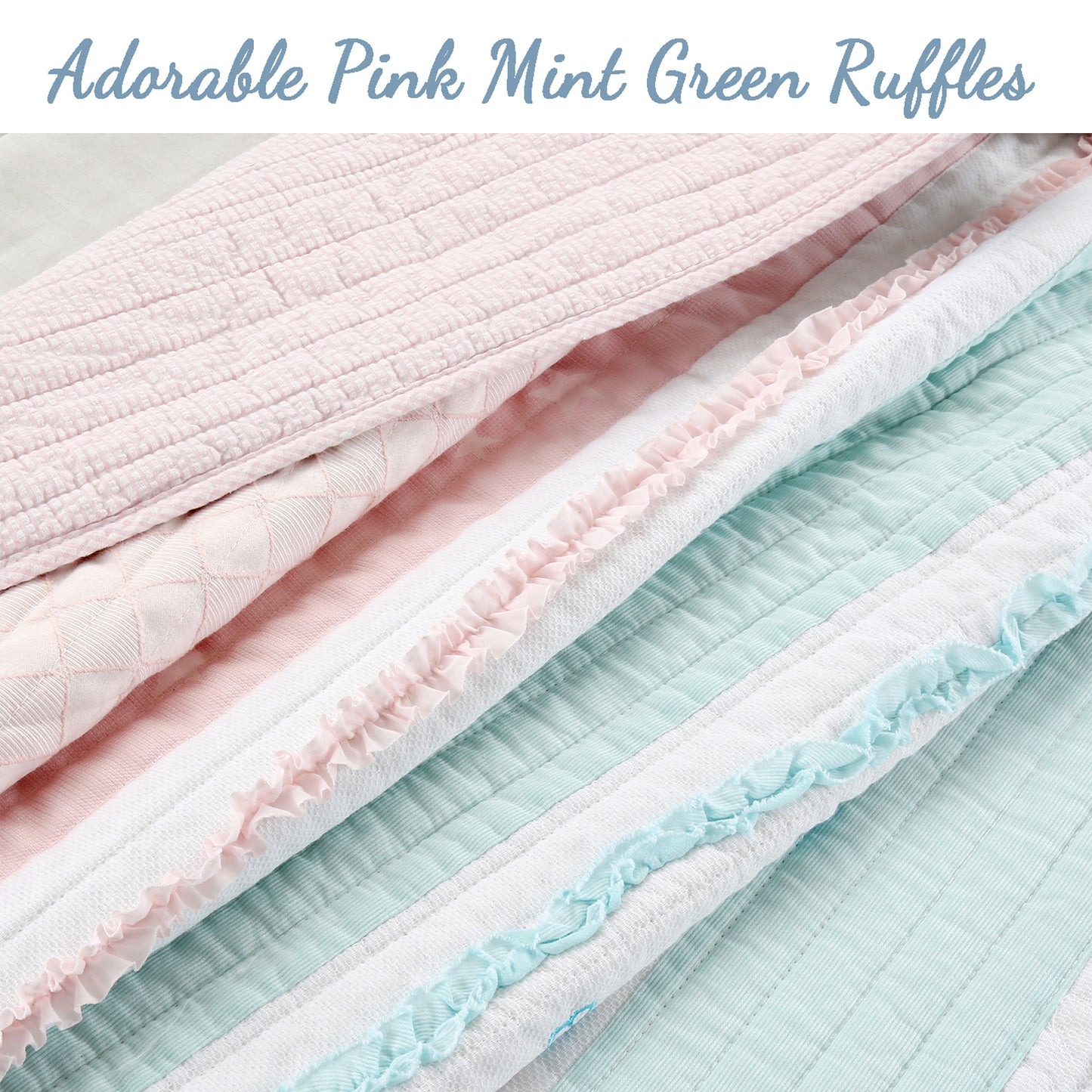 Candy Light Pink Blue Ruffle Floral Stripe Real Patchwork Girl Cotton Reversible Quilt Bedding Set