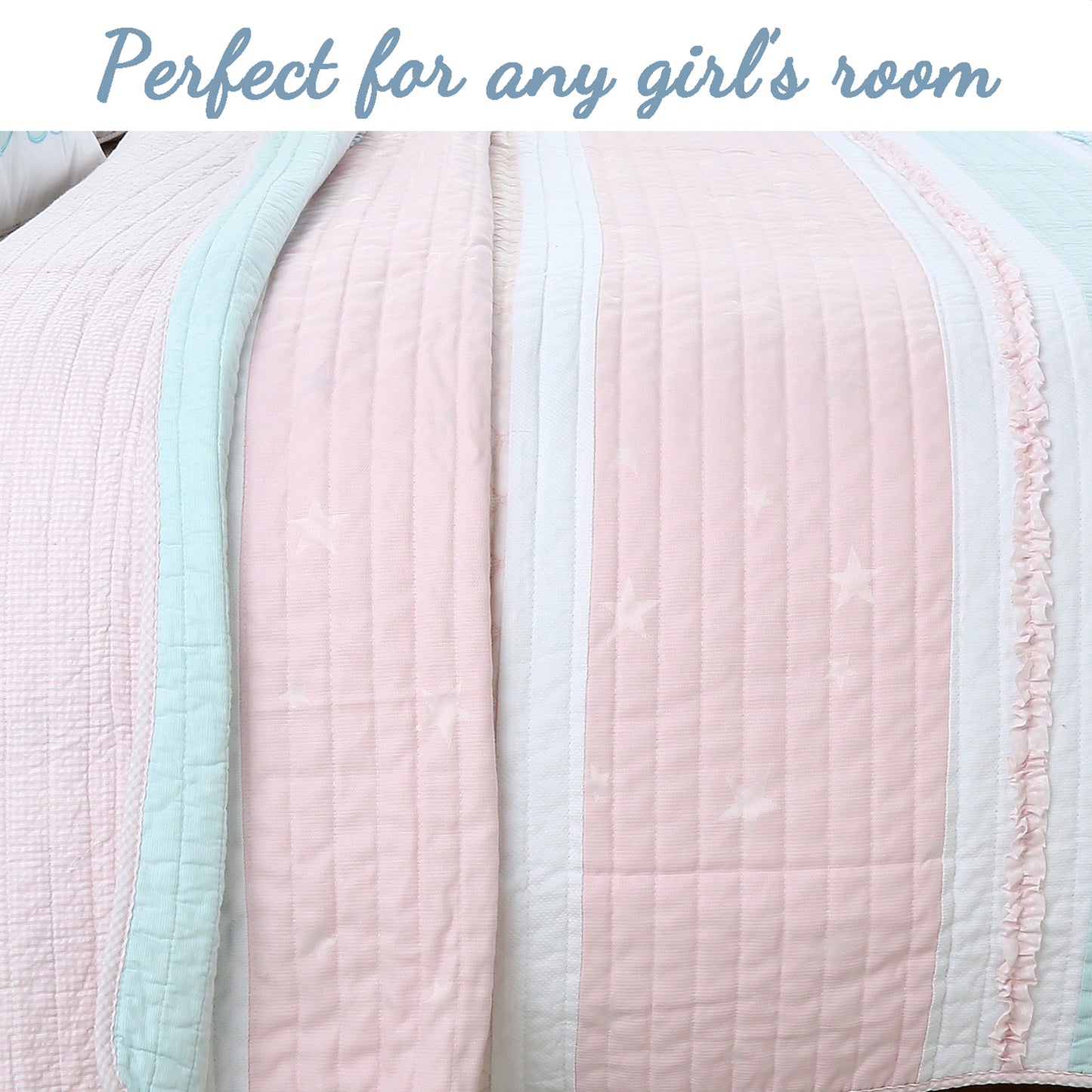 Candy Light Pink Blue Ruffle Floral Stripe Real Patchwork Girl Cotton Reversible Quilt Bedding Set