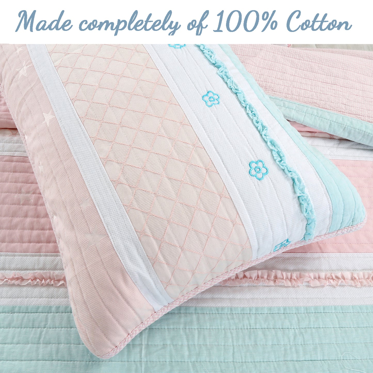 Candy Light Pink Blue Ruffle Floral Stripe Real Patchwork Girl Cotton Reversible Quilt Bedding Set