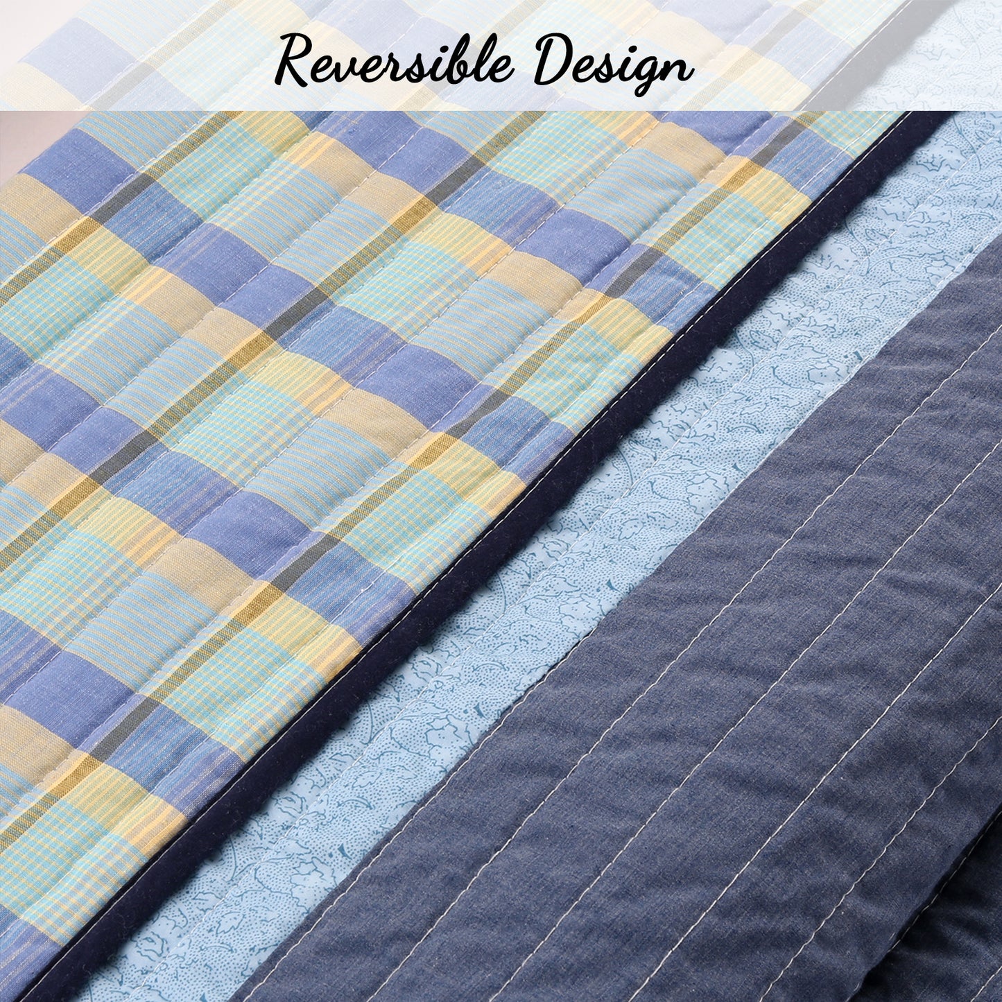 Sophisticated Shades of Ocean Blues Stripped Cotton Reversible Quilt Bedding Set