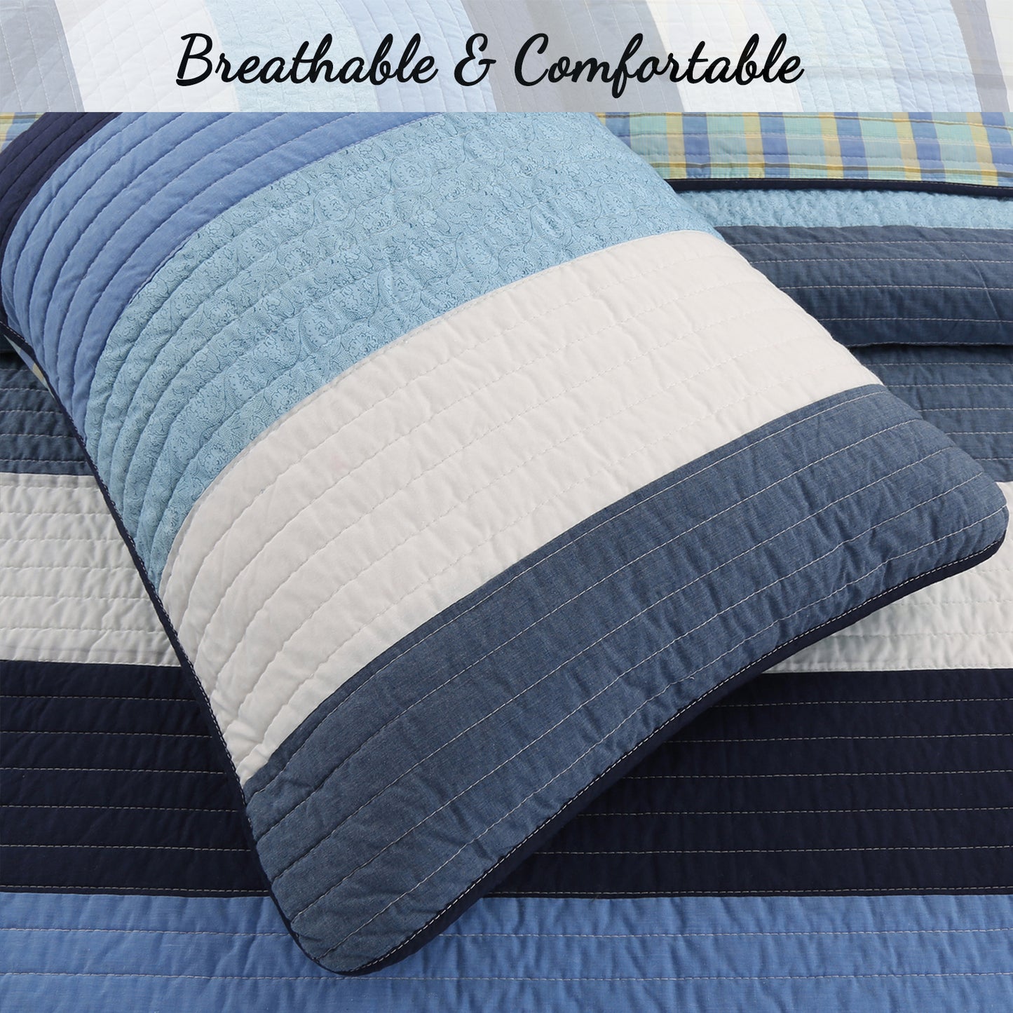 Sophisticated Shades of Ocean Blues Stripped Cotton Reversible Quilt Bedding Set