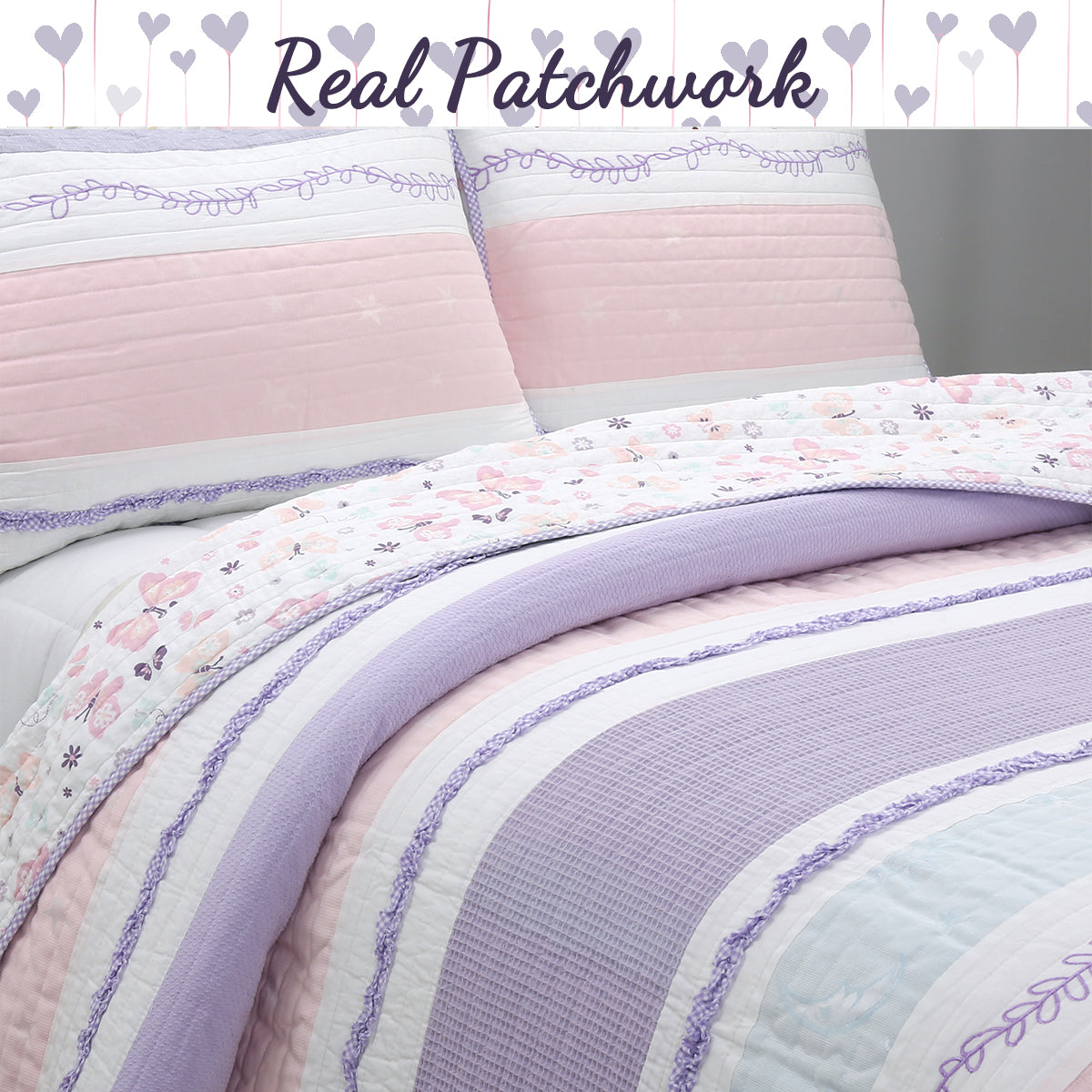 Lavender Pink Blue Chic Ruffle Girl Cotton Reversible Quilt Bedding Set