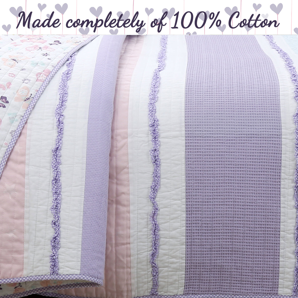 Lavender Pink Blue Chic Ruffle Girl Cotton Reversible Quilt Bedding Set