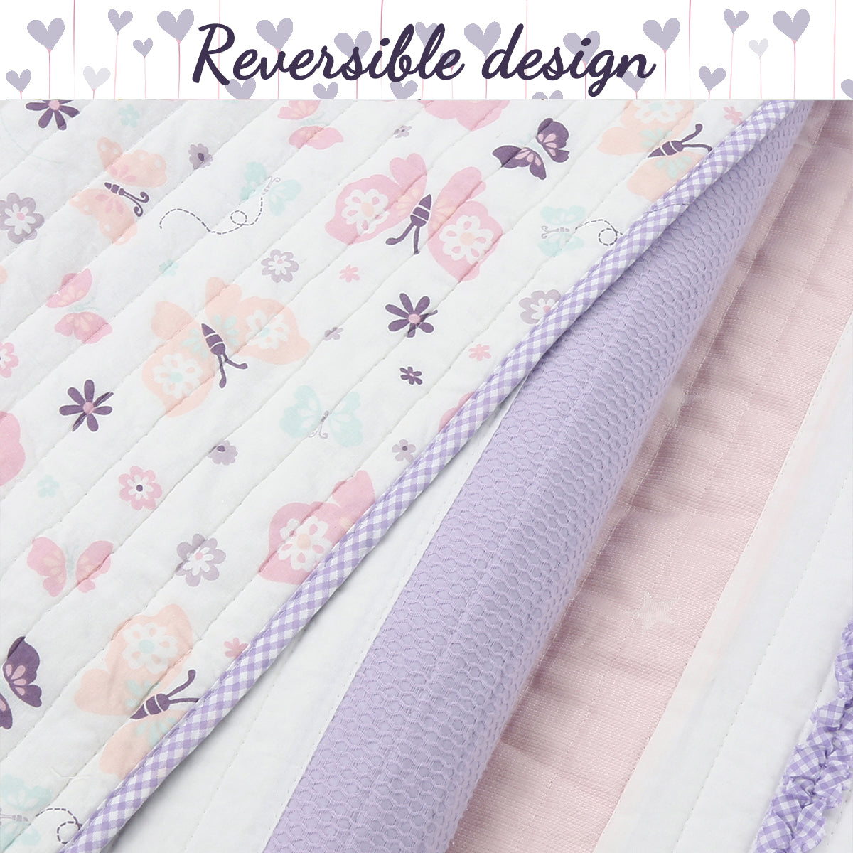 Lavender Pink Blue Chic Ruffle Girl Cotton Reversible Quilt Bedding Set