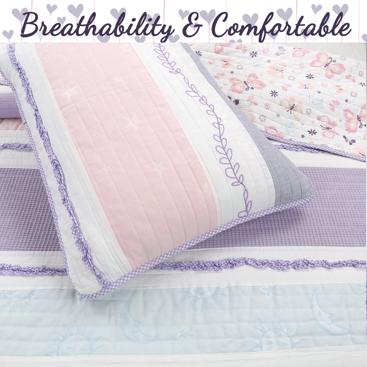 Lavender Pink Blue Chic Ruffle Girl Cotton Reversible Quilt Bedding Set