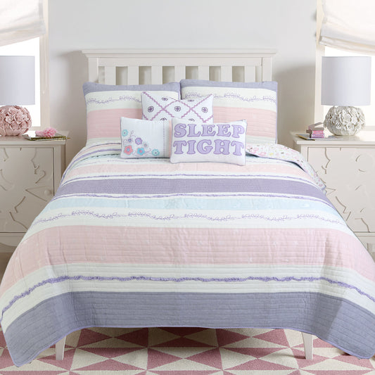 Lavender Pink Blue Chic Ruffle Girl Cotton Reversible Quilt Bedding Set