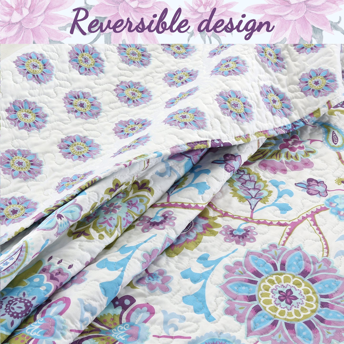 Purplish Floral 3-Piece Reversible Quilt Bedding Set