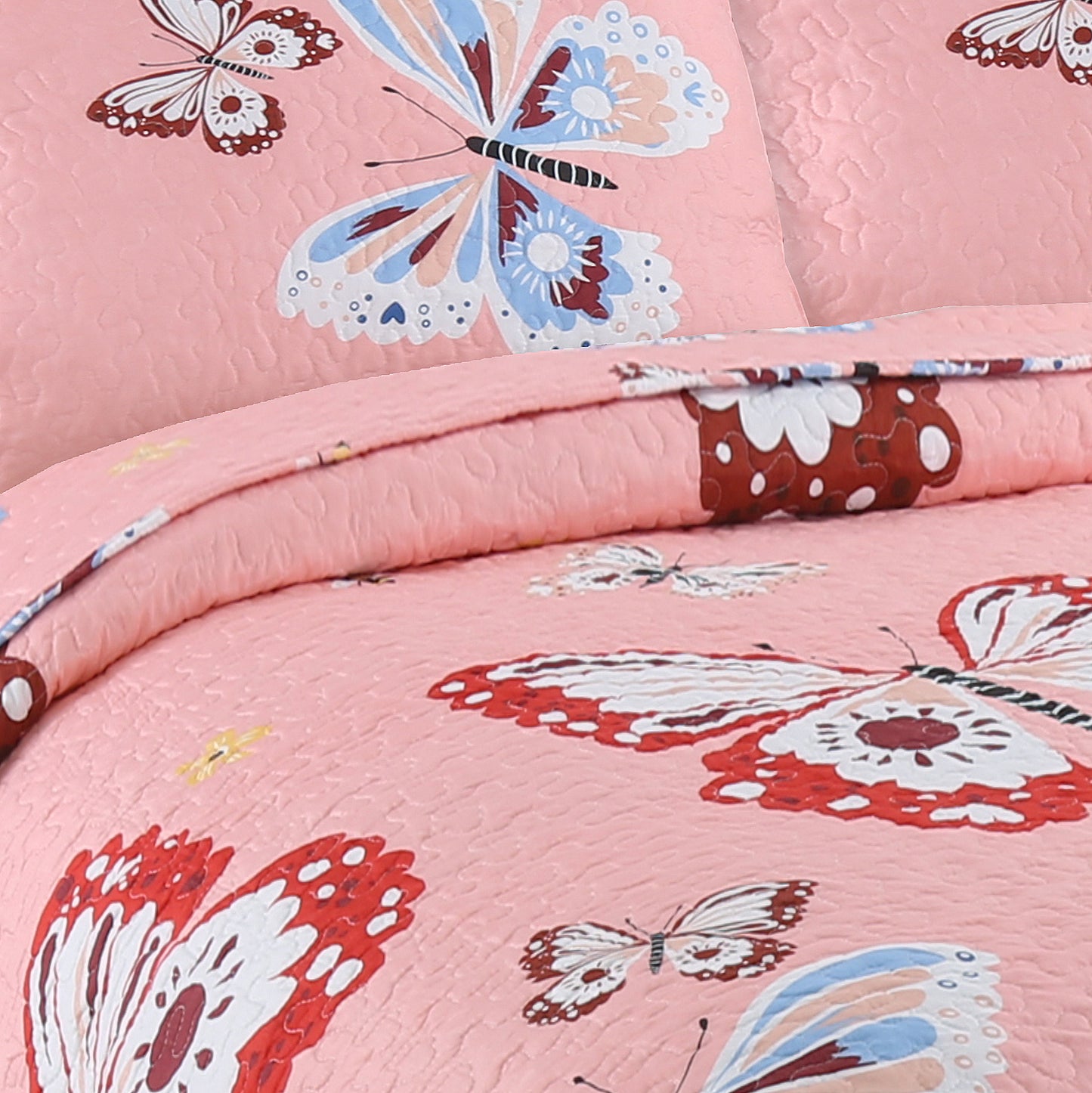 Butterflies Flutter Pink Girl Print Reversible Quilt Bedding Set