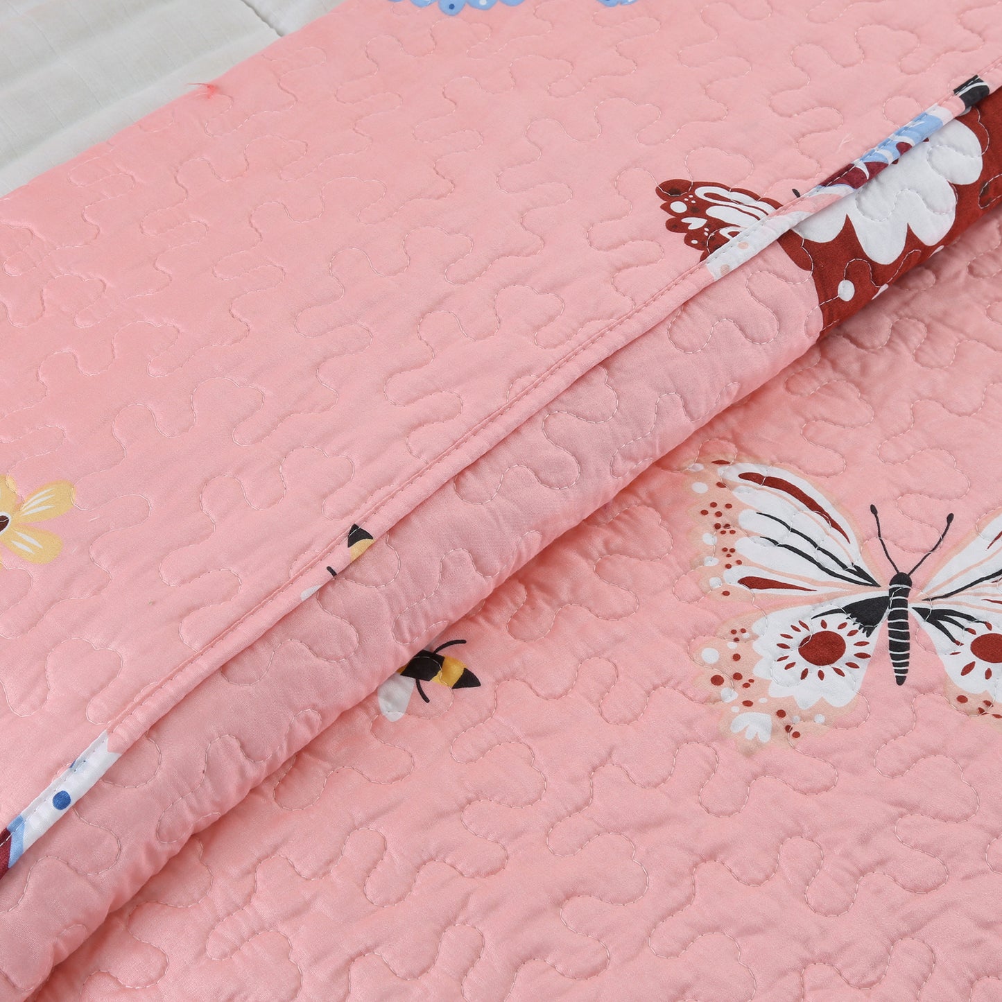 Butterflies Flutter Pink Girl Print Reversible Quilt Bedding Set