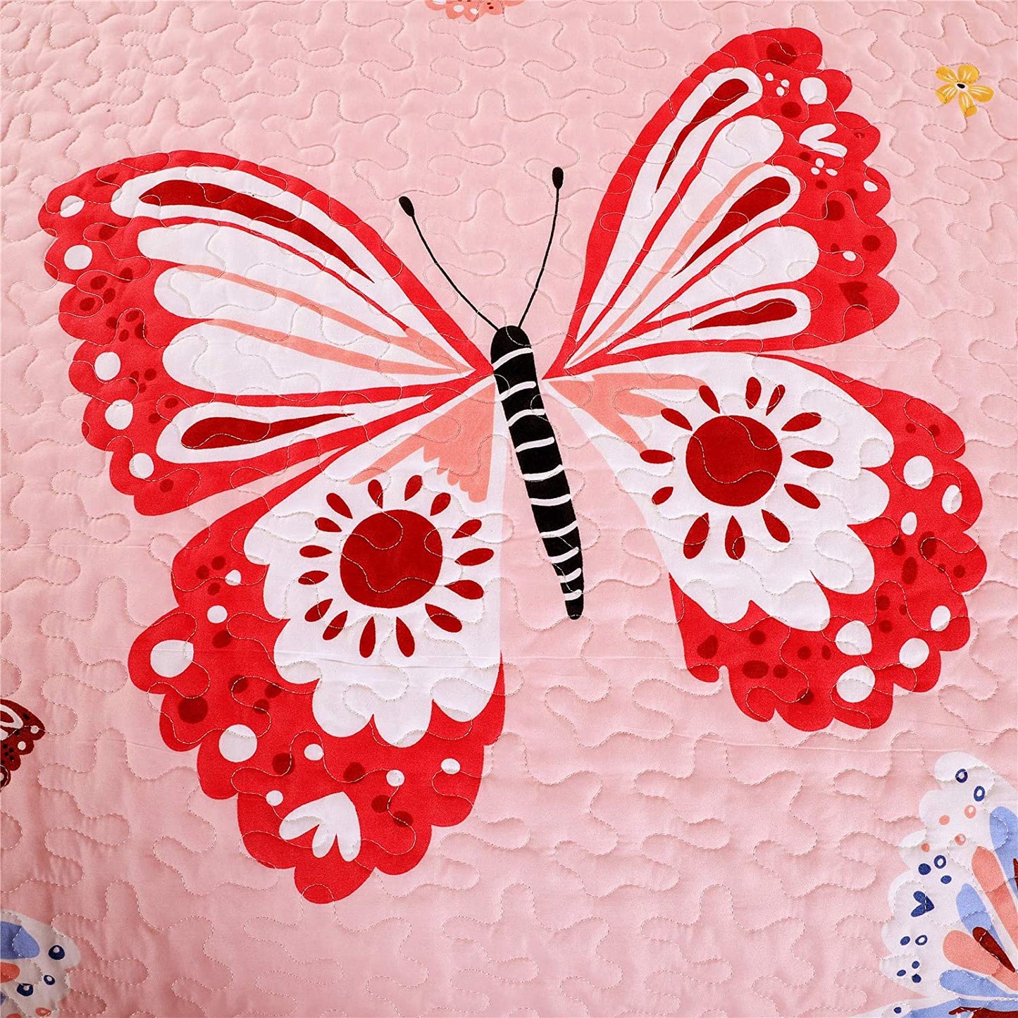 Butterflies Flutter Pink Girl Print Reversible Quilt Bedding Set
