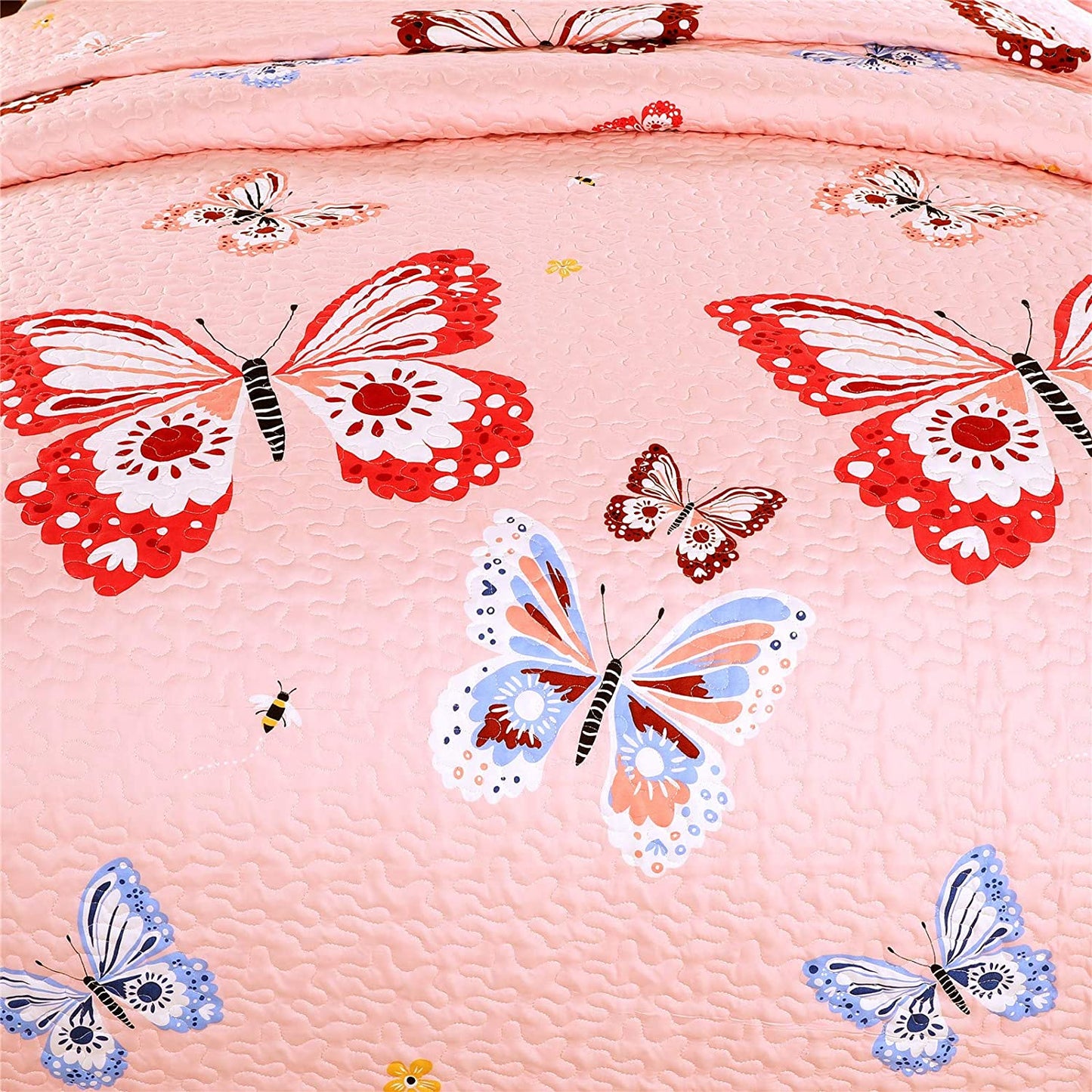 Butterflies Flutter Pink Girl Print Reversible Quilt Bedding Set