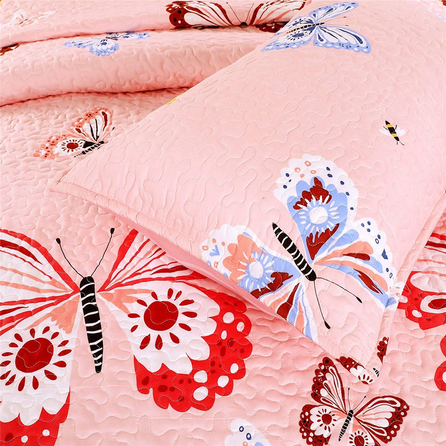 Butterflies Flutter Pink Girl Print Reversible Quilt Bedding Set
