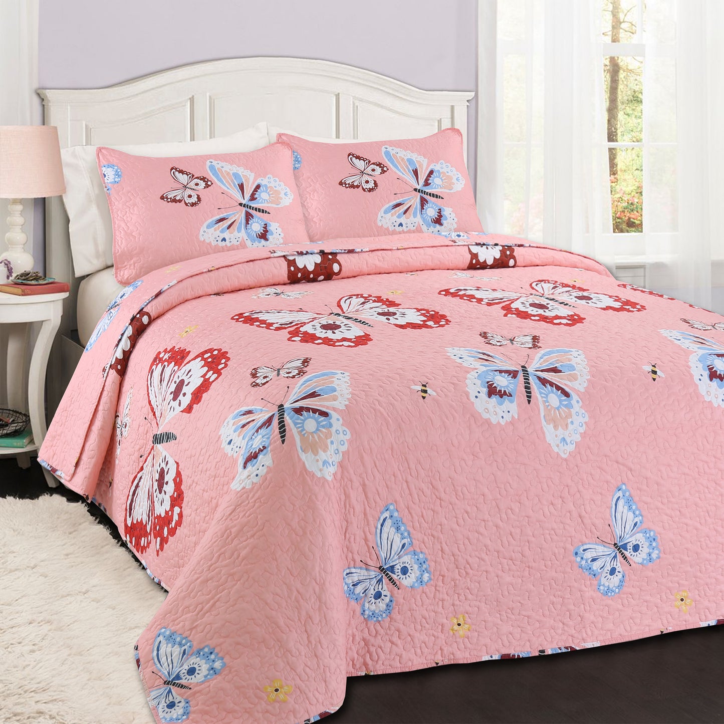 Butterflies Flutter Pink Girl Print Reversible Quilt Bedding Set