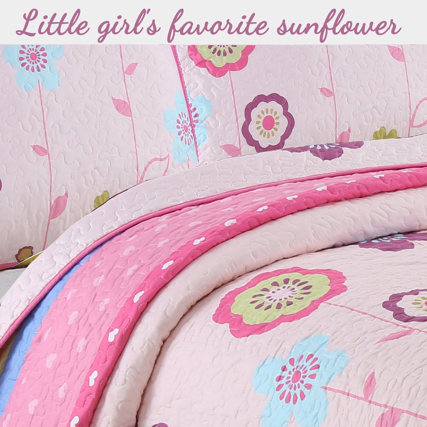 Pink Flower Garden Girl Print Reversible Quilt Bedding Set