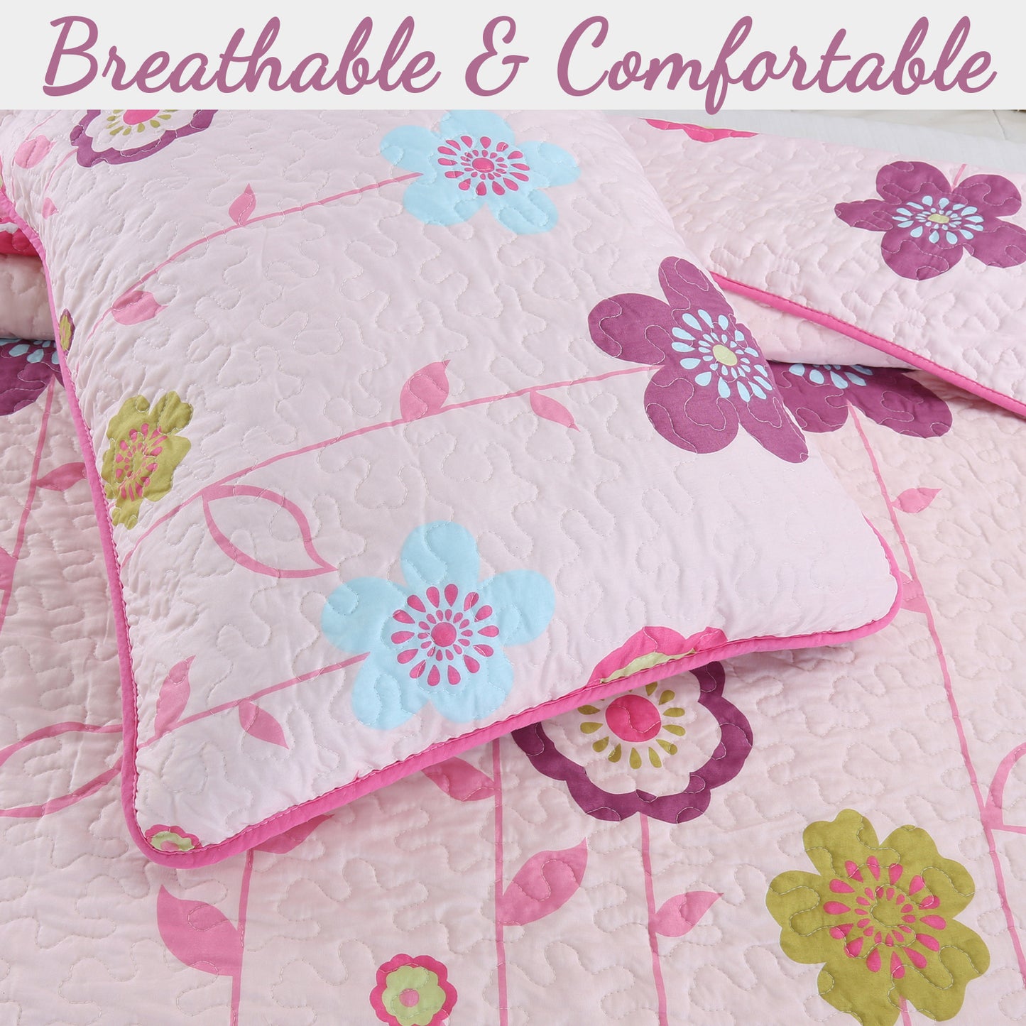 Pink Flower Garden Girl Print Reversible Quilt Bedding Set