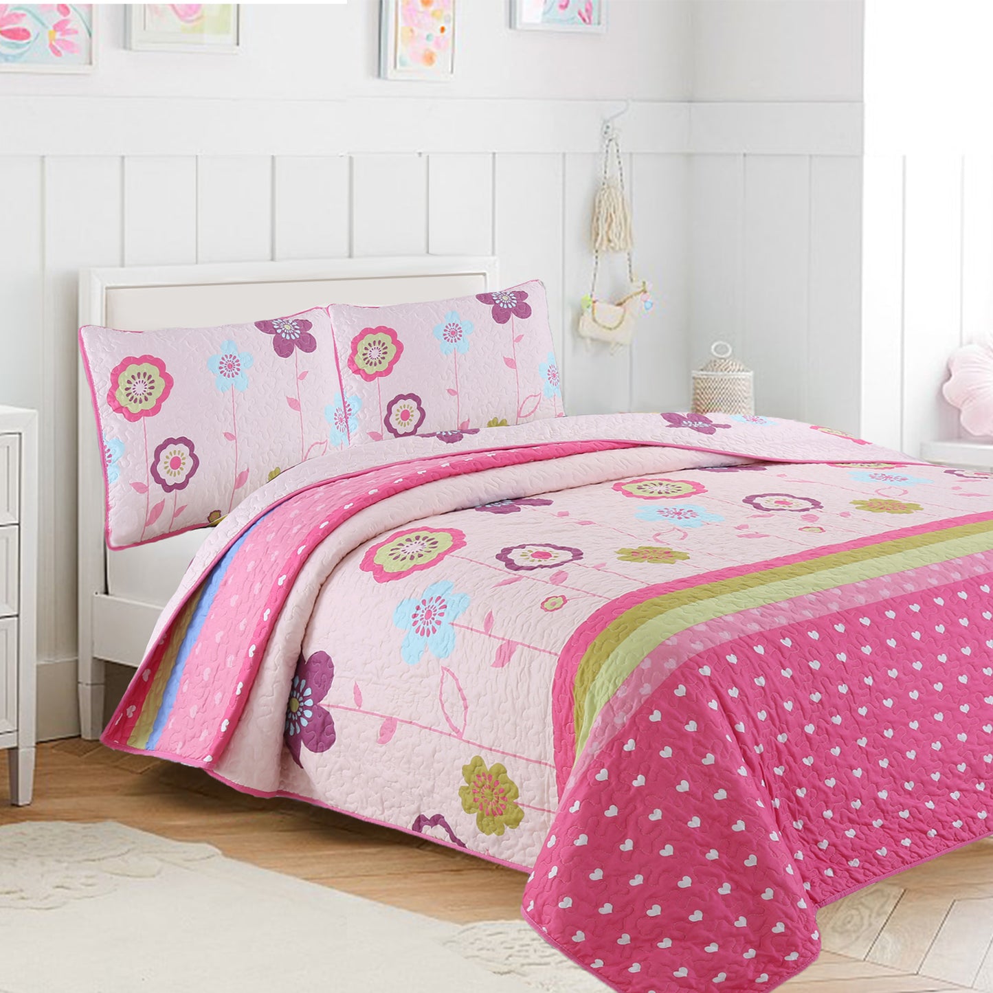 Pink Flower Garden Girl Print Reversible Quilt Bedding Set