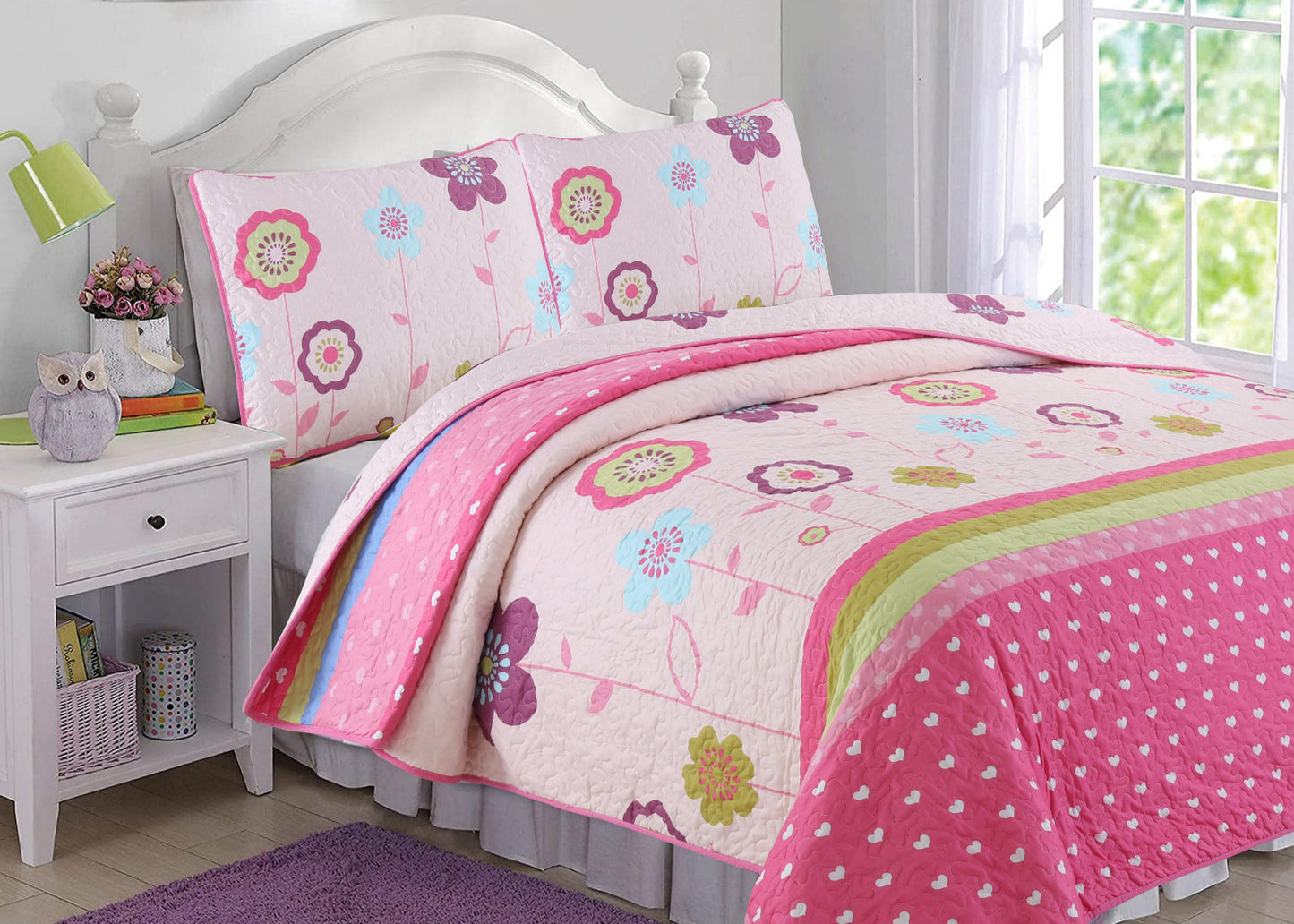 Pink Flower Garden Girl Print Reversible Quilt Bedding Set