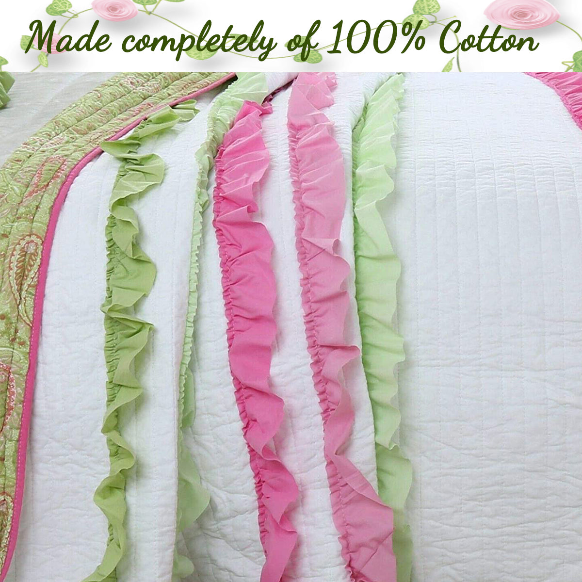 Pink Green Chic Ruffle Girl Cotton Reversible Quilt Bedding Set