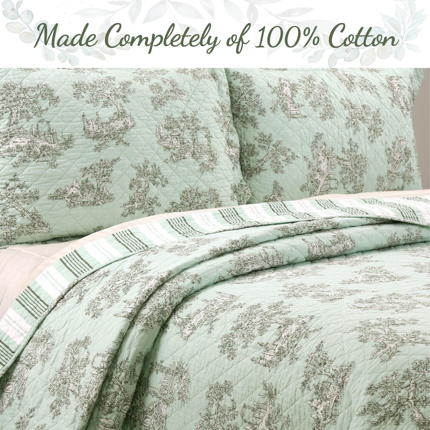 Cottage Garden Floral Toile Mint Green 3-Piece Cotton Reversible Quilt Bedding Set
