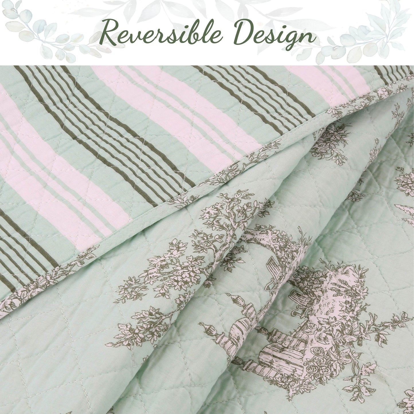 Cottage Garden Floral Toile Mint Green 3-Piece Cotton Reversible Quilt Bedding Set