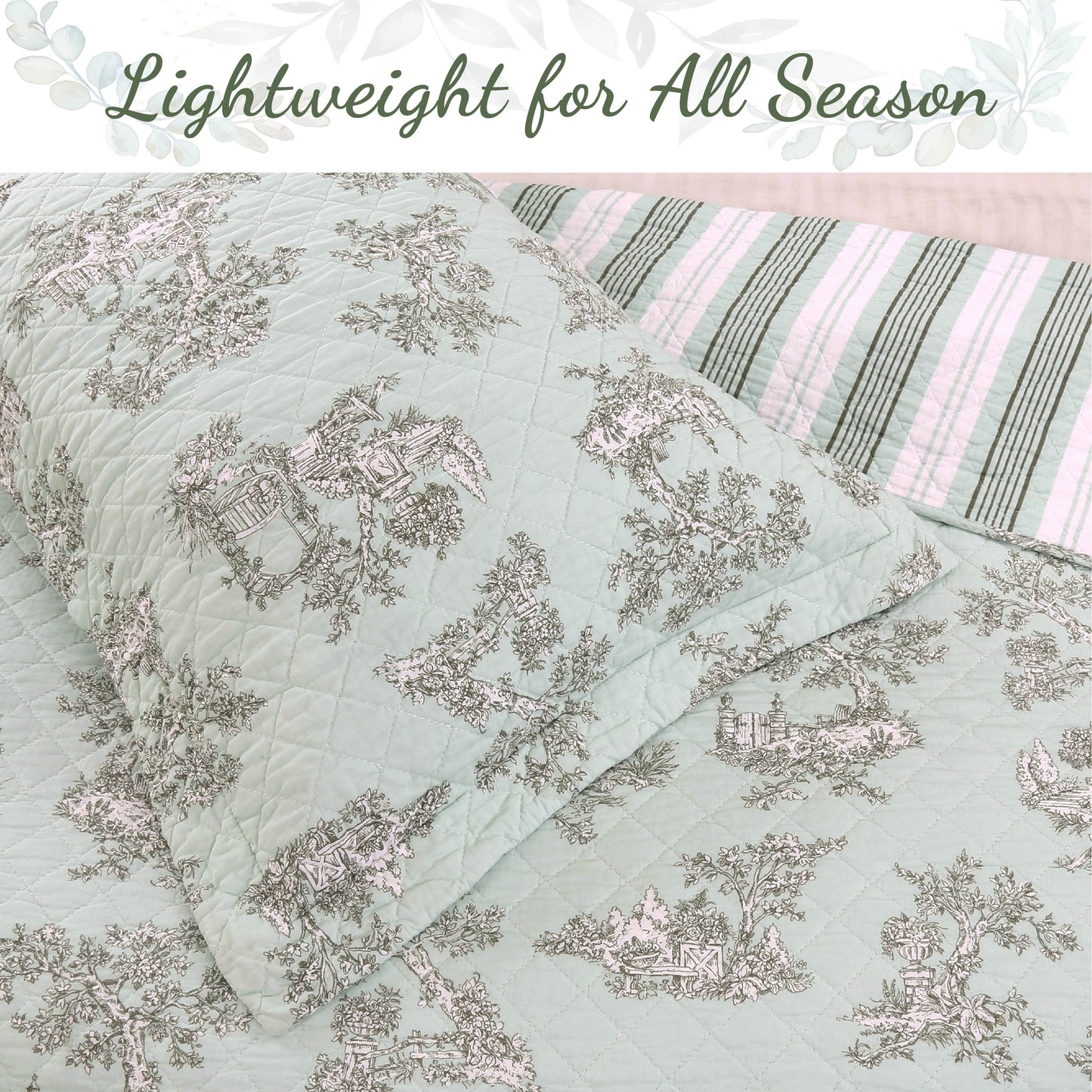 Cottage Garden Floral Toile Mint Green 3-Piece Cotton Reversible Quilt Bedding Set