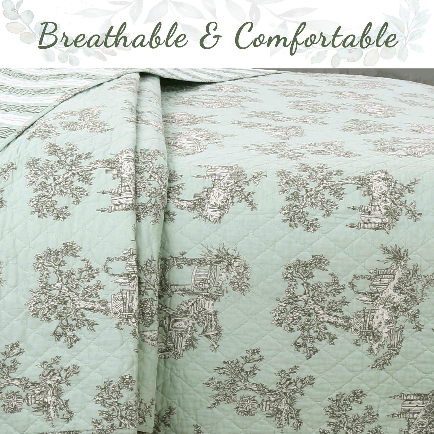 Cottage Garden Floral Toile Mint Green 3-Piece Cotton Reversible Quilt Bedding Set