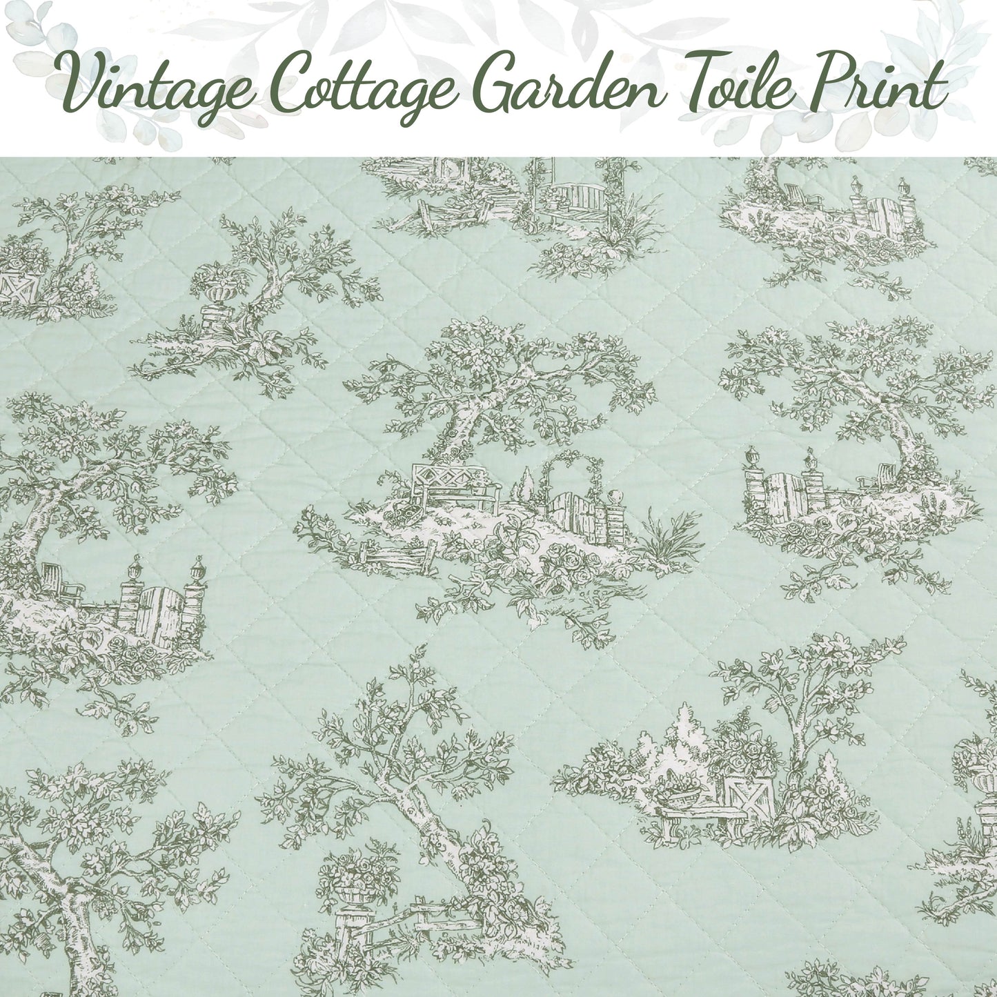 Cottage Garden Floral Toile Mint Green 3-Piece Cotton Reversible Quilt Bedding Set