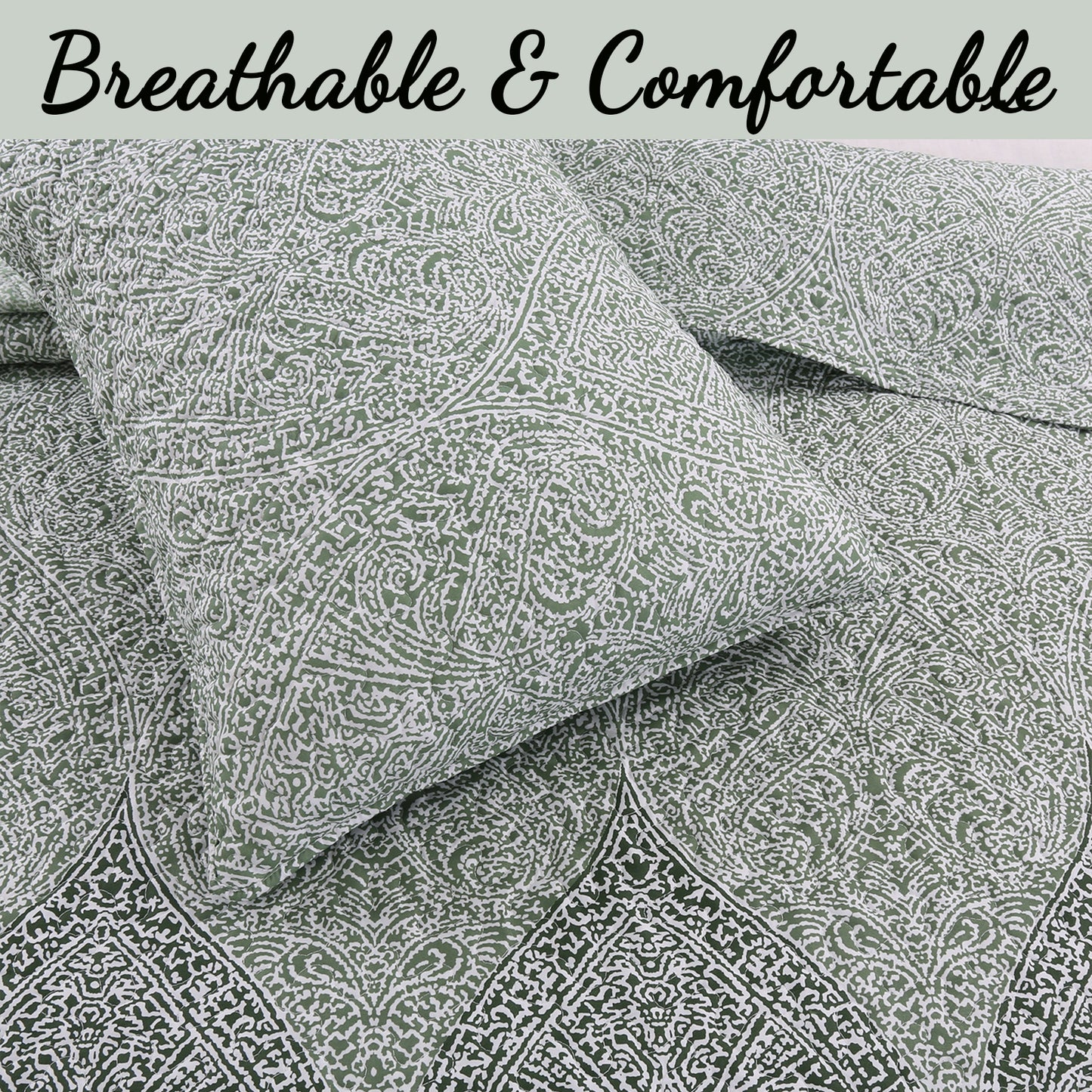 Ombre Leaf Sage Forest Green Medallion 3- Piece Reversible Quilt Bedding Set