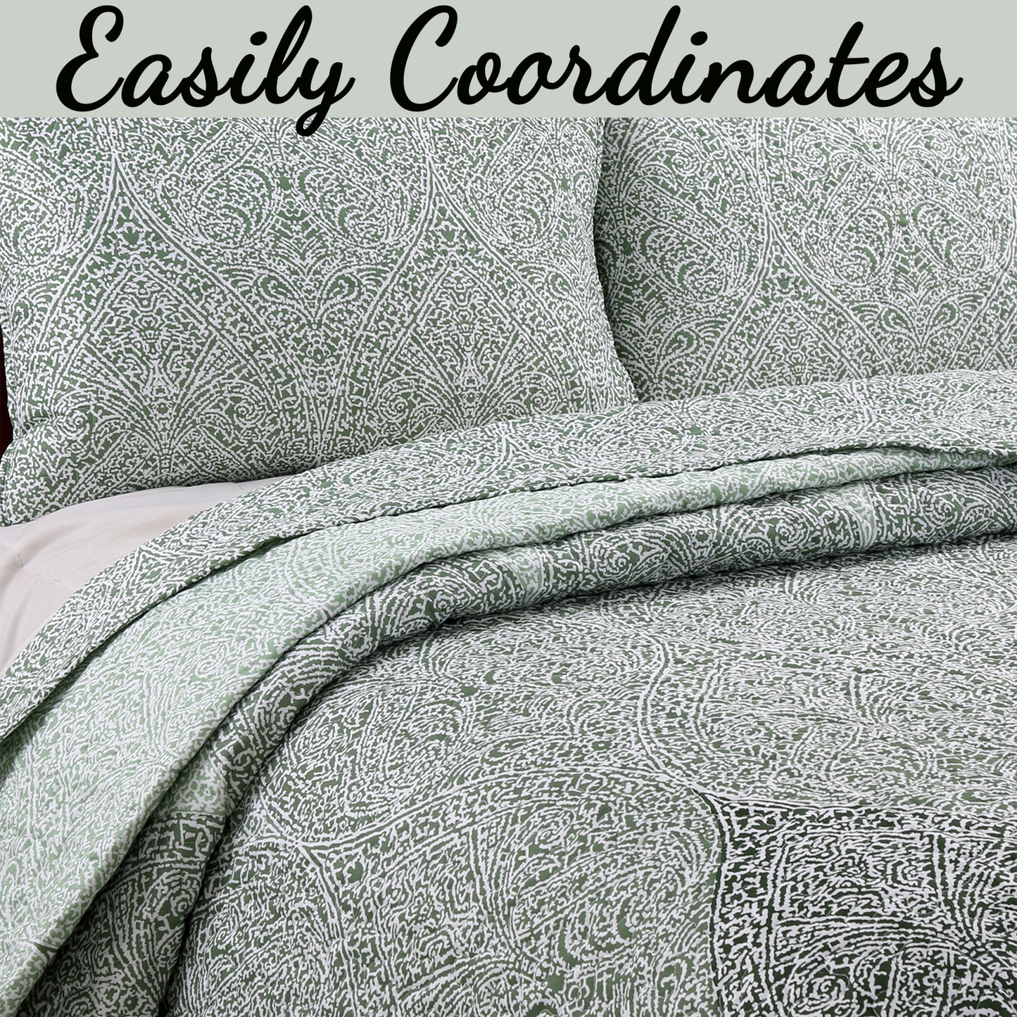 Ombre Leaf Sage Forest Green Medallion 3- Piece Reversible Quilt Bedding Set