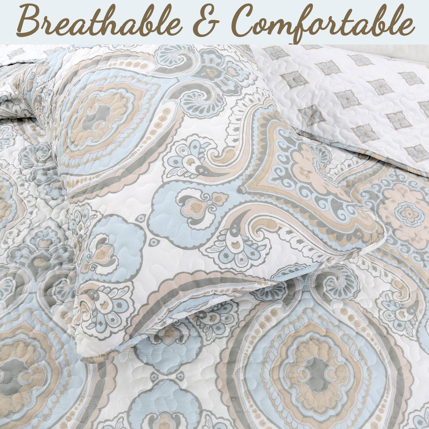 Modern Medallion Sky Blue Tan Gray Brocade 3-Piece Reversible Quilt Bedding Set