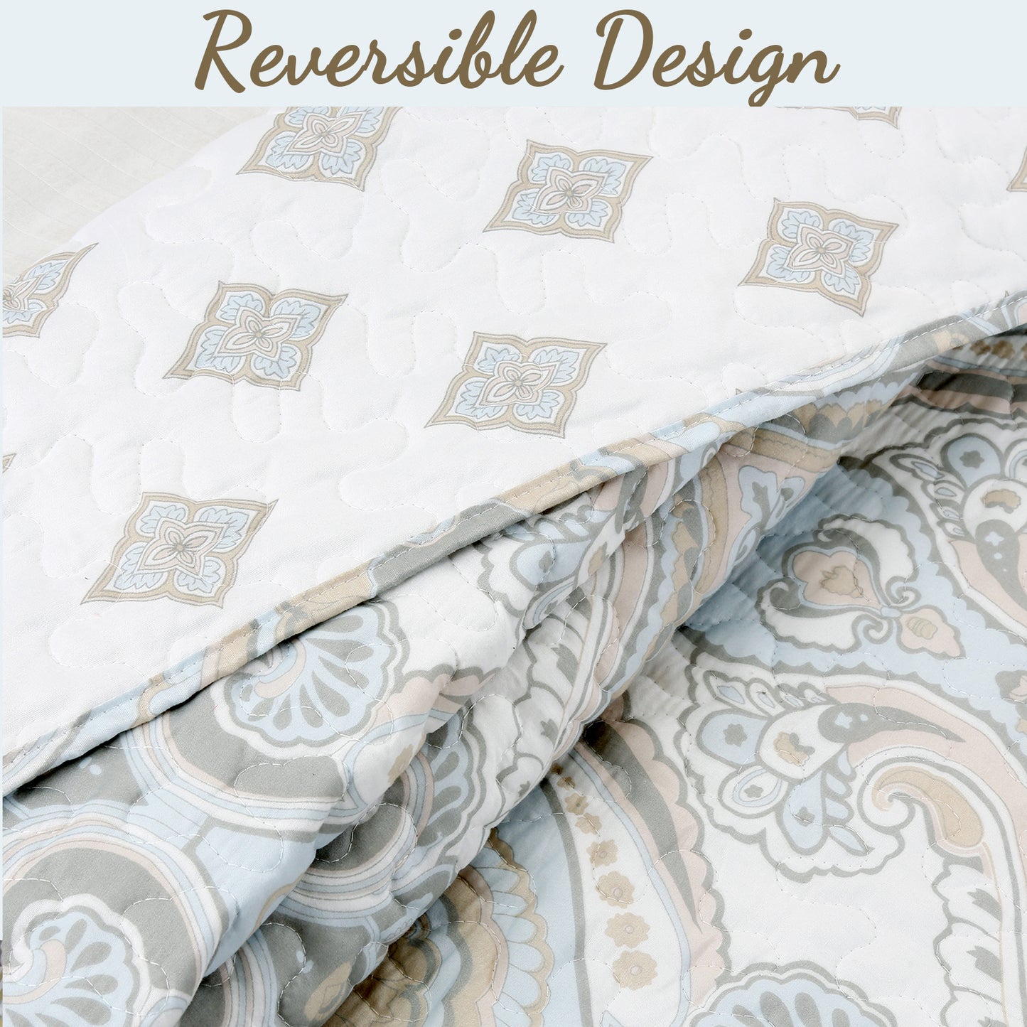Modern Medallion Sky Blue Tan Gray Brocade 3-Piece Reversible Quilt Bedding Set