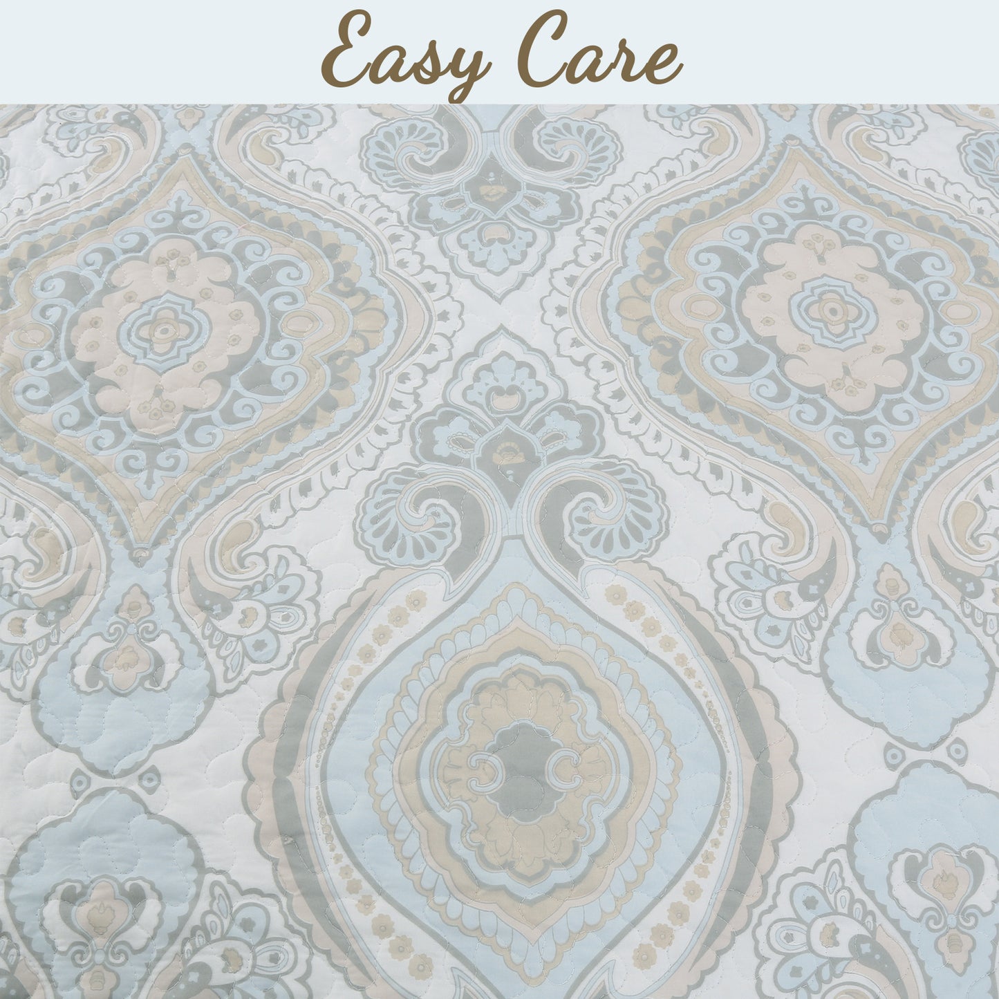 Modern Medallion Sky Blue Tan Gray Brocade 3-Piece Reversible Quilt Bedding Set