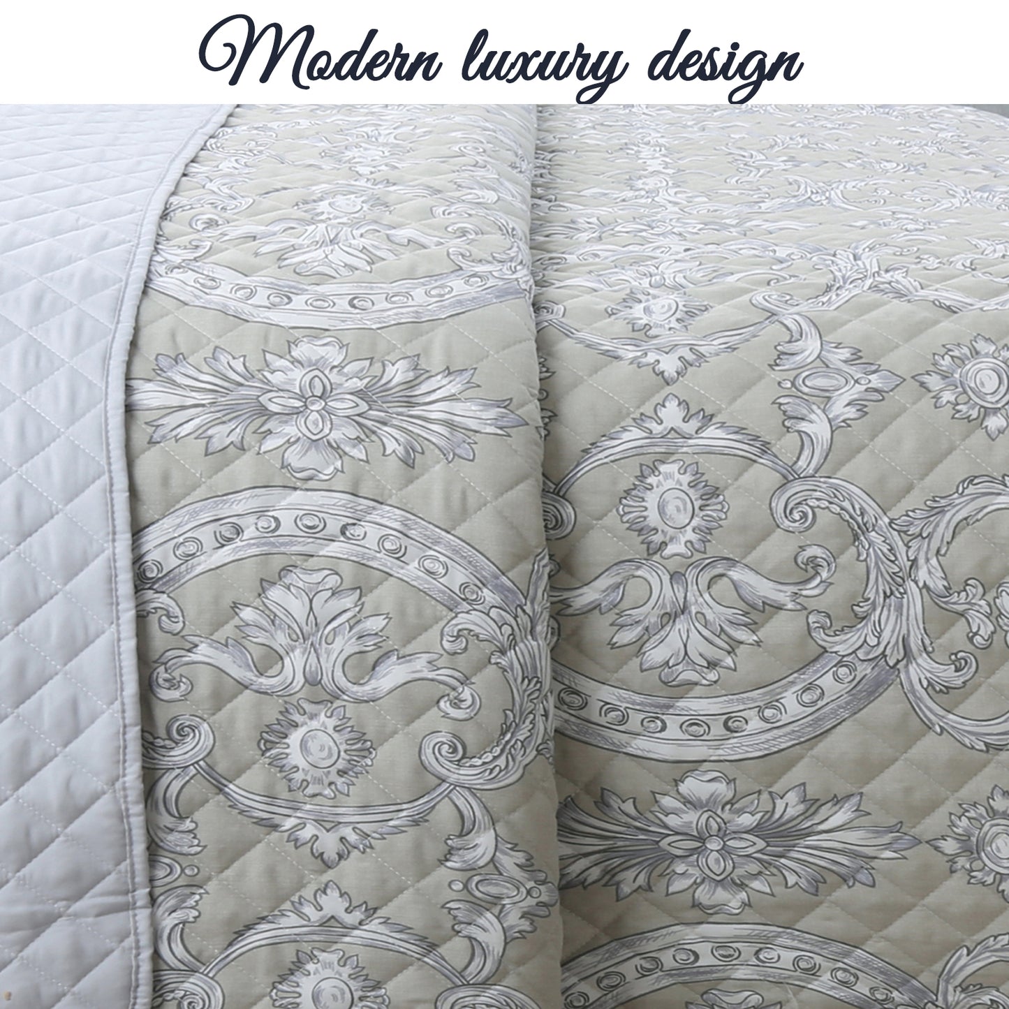 Gray Taupe Floral Majesty Medallion 3-Piece Reversible Quilt Bedding Set