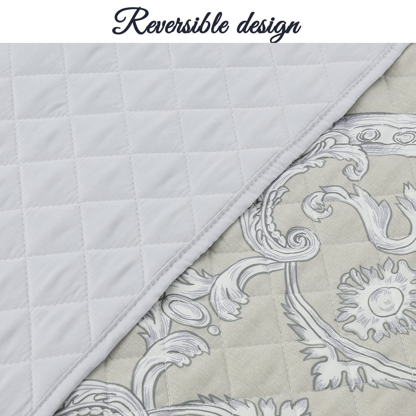 Gray Taupe Floral Majesty Medallion 3-Piece Reversible Quilt Bedding Set