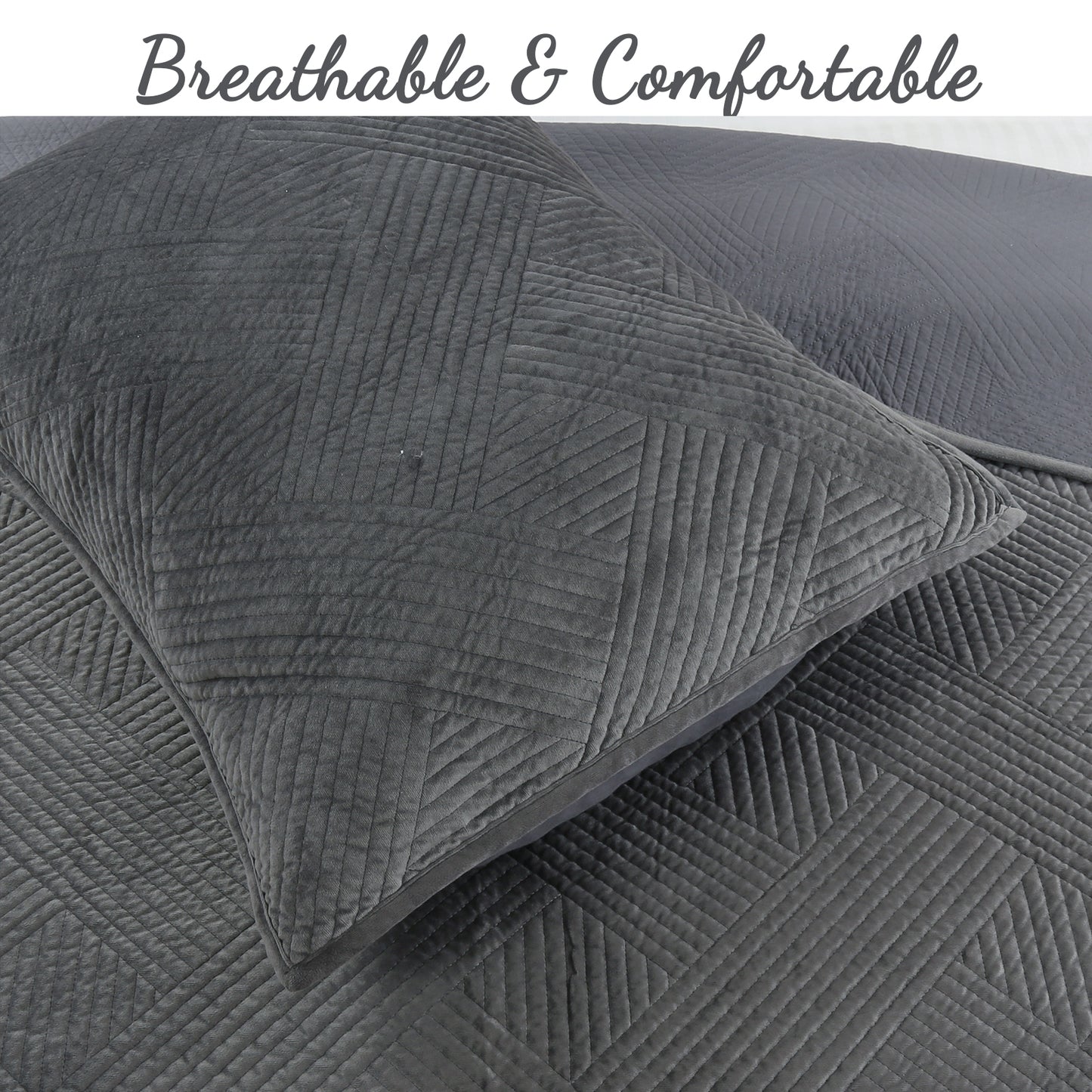 Soft Velvet Basket Weave Stripe Solid Blue or Grey 3-Piece Reversible Quilt Bedding Set