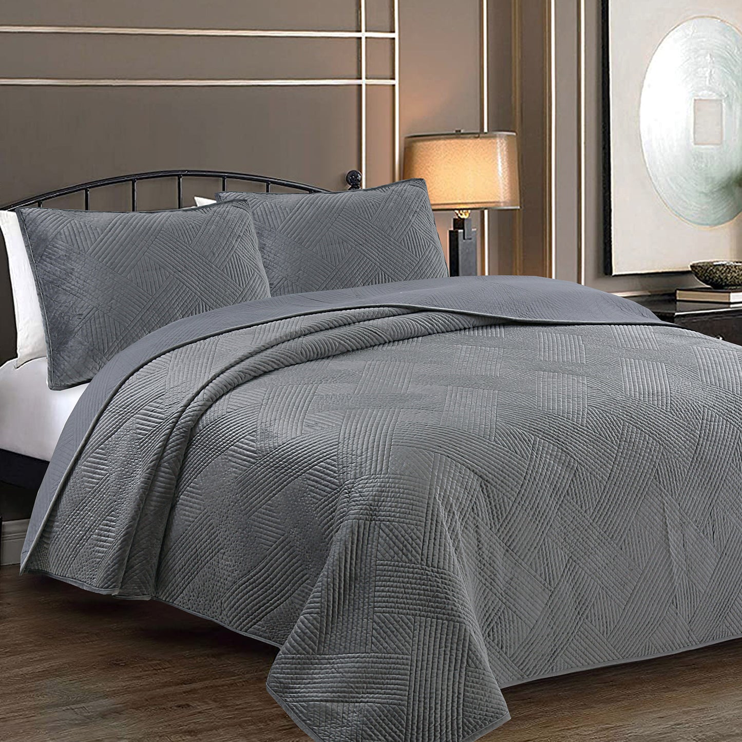 Soft Velvet Basket Weave Stripe Solid Blue or Grey 3-Piece Reversible Quilt Bedding Set