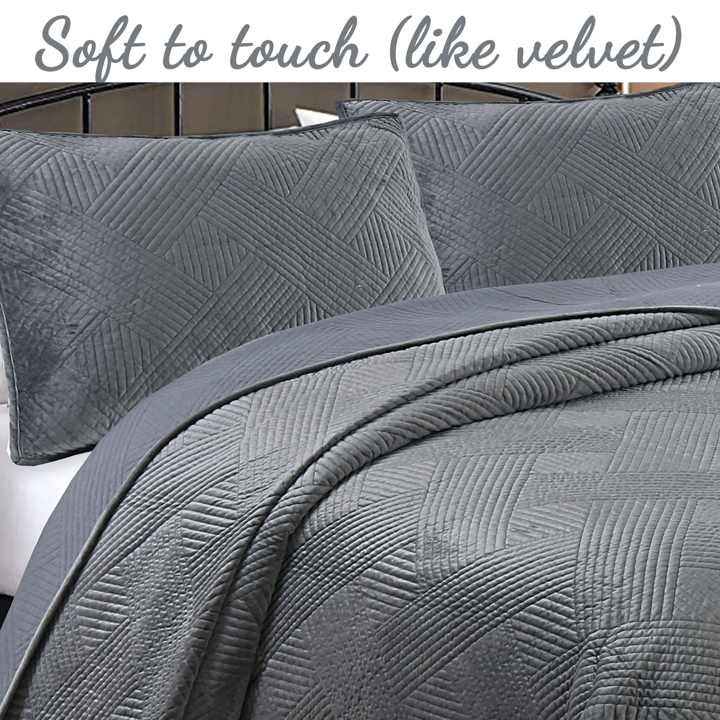 Soft Velvet Basket Weave Stripe Solid Blue or Grey 3-Piece Reversible Quilt Bedding Set