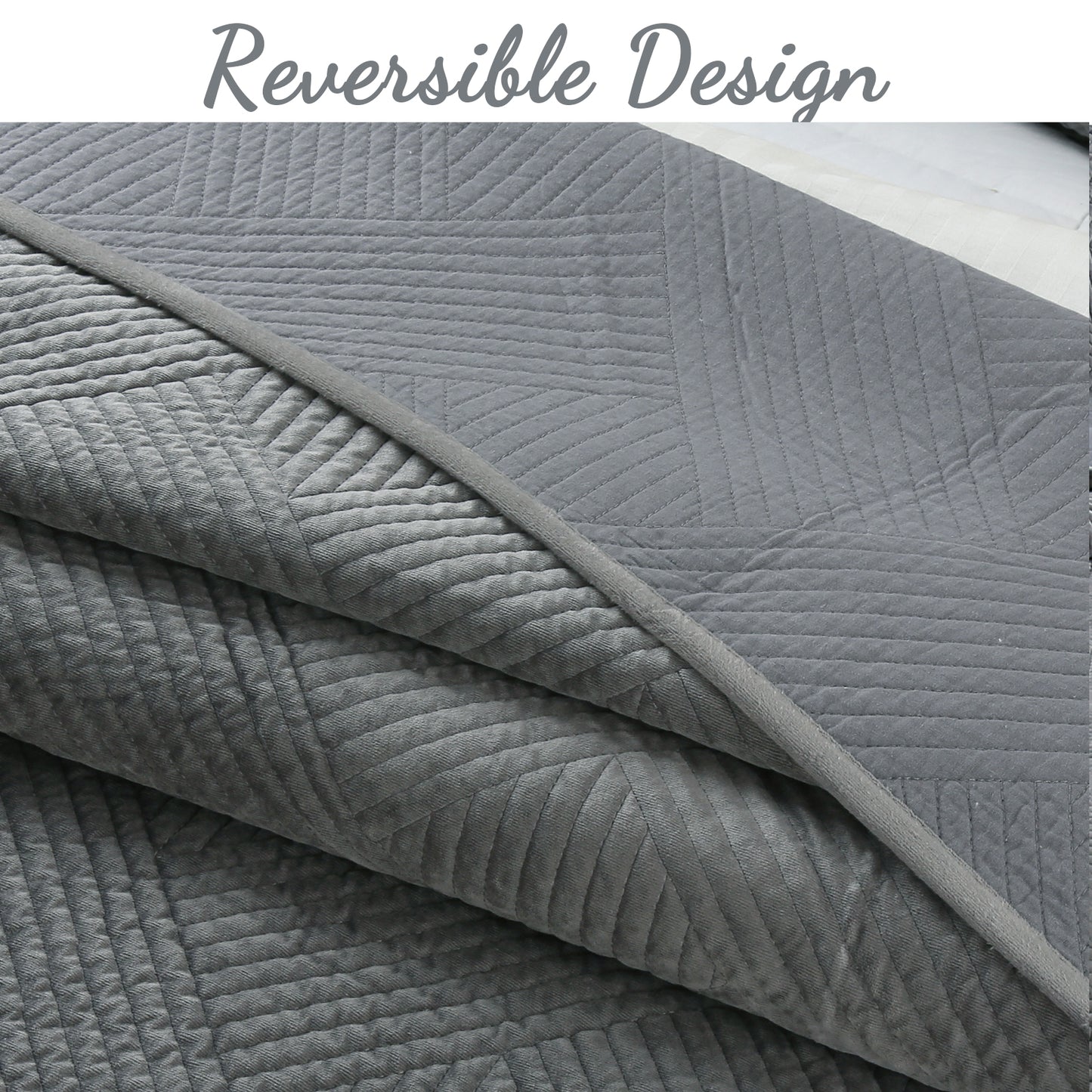Soft Velvet Basket Weave Stripe Solid Blue or Grey 3-Piece Reversible Quilt Bedding Set