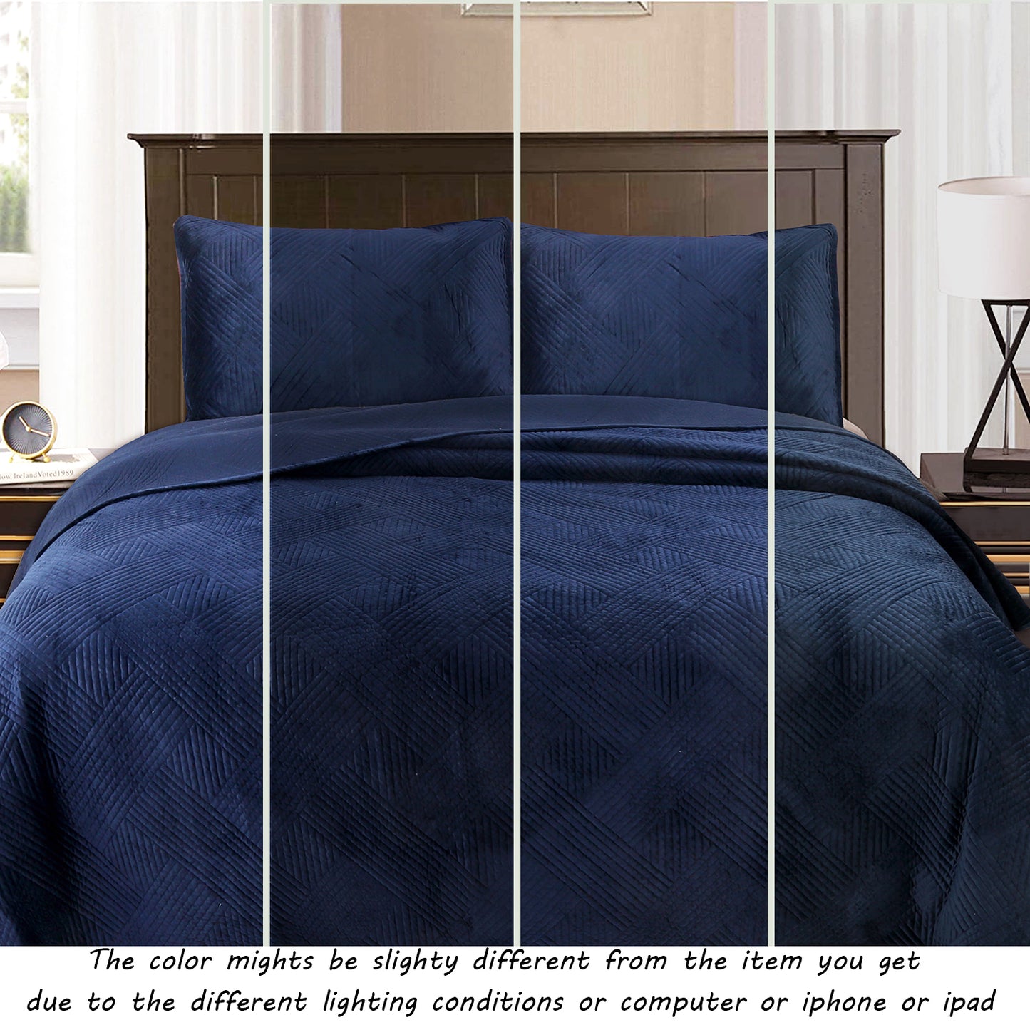 Soft Velvet Basket Weave Stripe Solid Blue or Grey 3-Piece Reversible Quilt Bedding Set