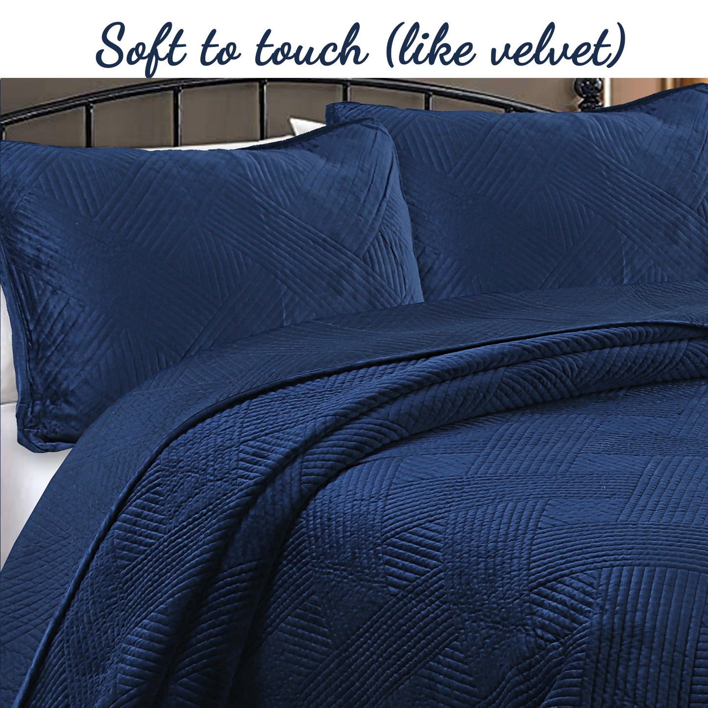 Soft Velvet Basket Weave Stripe Solid Blue or Grey 3-Piece Reversible Quilt Bedding Set