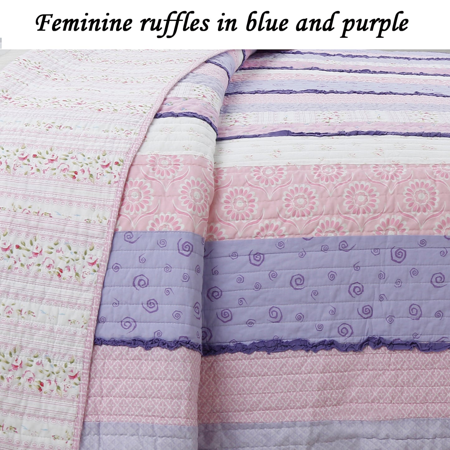 Fun Floral Ruffle Stripe Real Patchwork Pink Purple Cotton Reversible Quilt Bedding Set