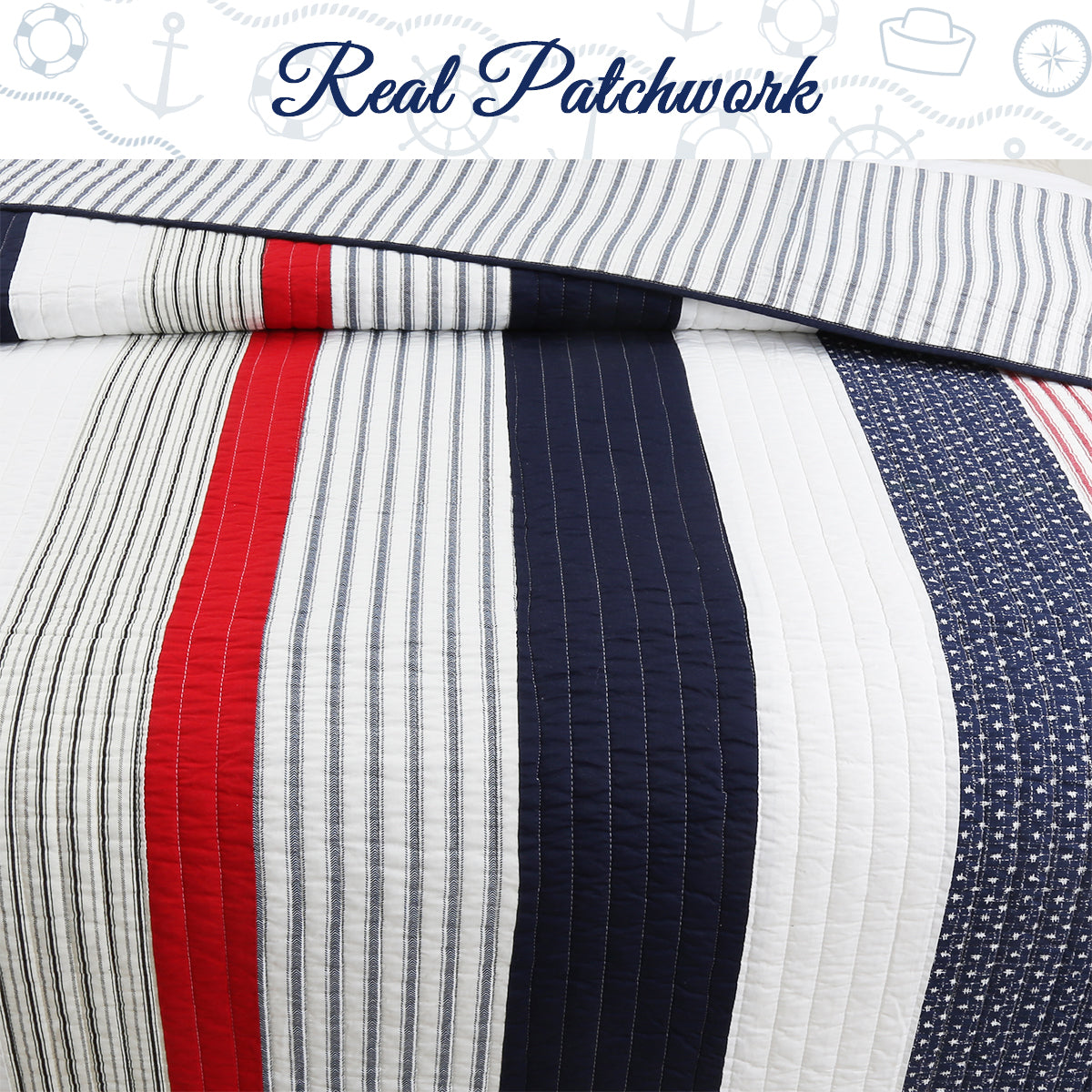 Liberty Patriotic Stripes Red Blue White Striped Real Patchwork Cotton Reversible Quilt Bedding Set