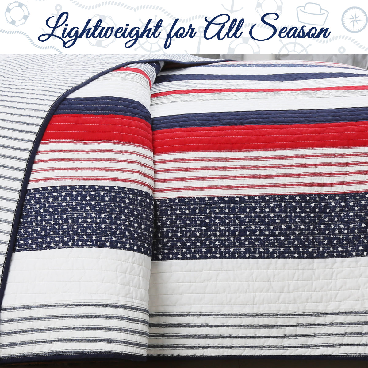 Liberty Patriotic Stripes Red Blue White Striped Real Patchwork Cotton Reversible Quilt Bedding Set