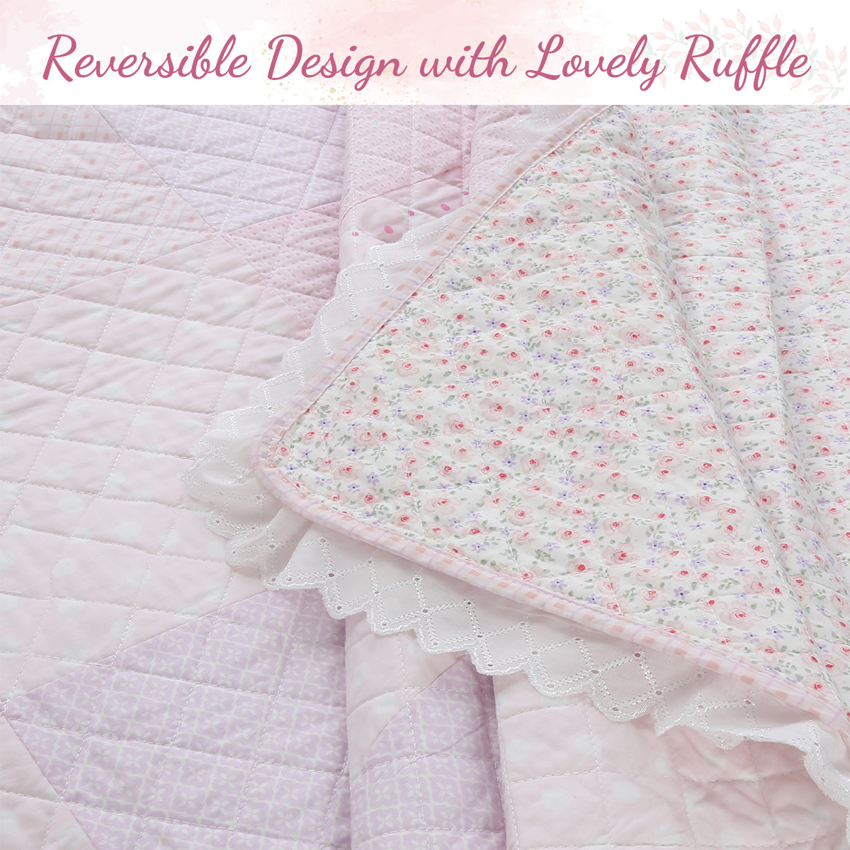Precious Pink Floral Dot Ruffle Plaid Real Patchwork Cotton Reversible Quilt Bedding Set