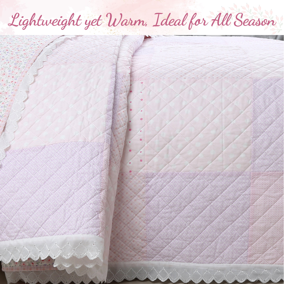 Precious Pink Floral Dot Ruffle Plaid Real Patchwork Cotton Reversible Quilt Bedding Set
